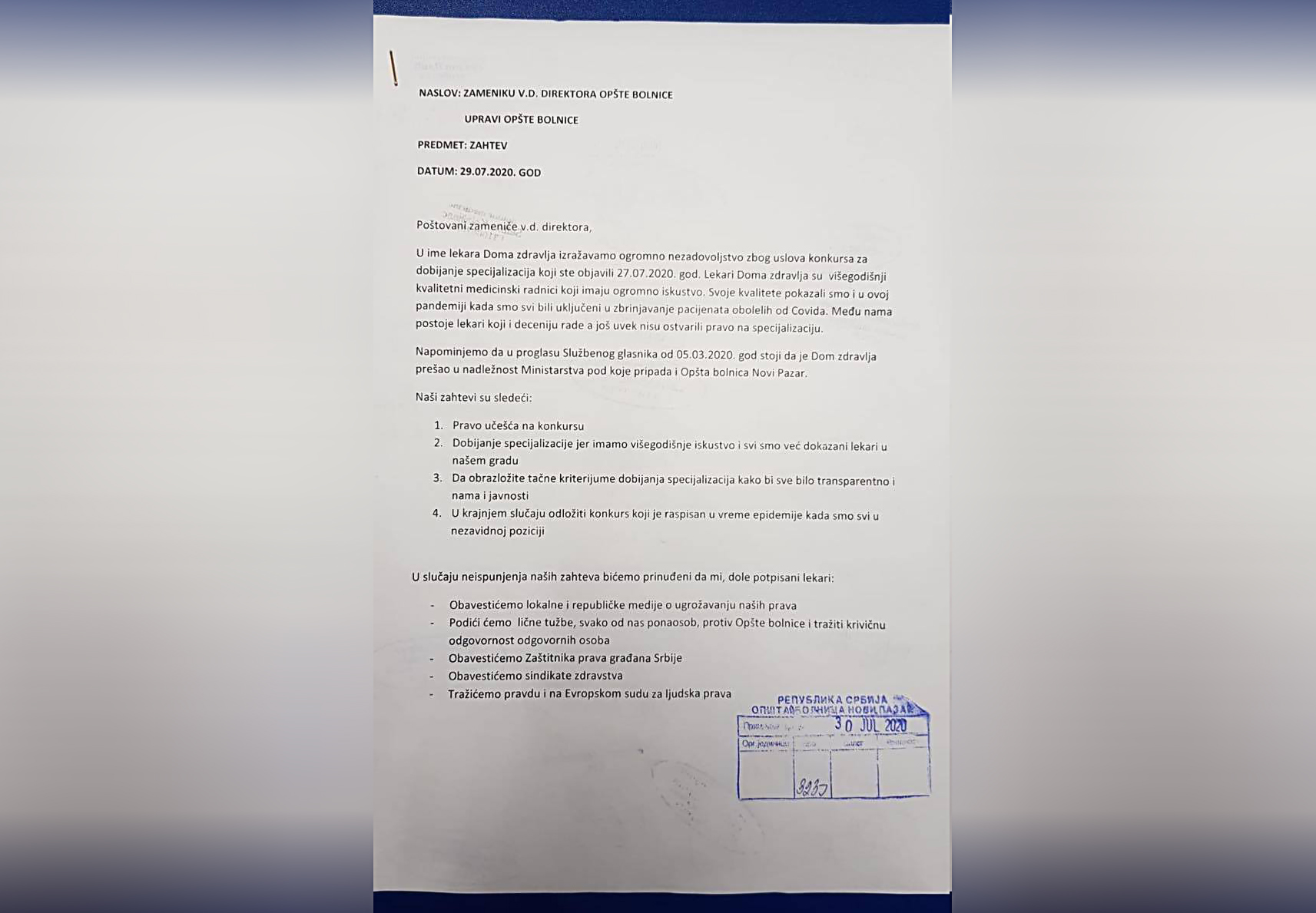 aspisanog konkursa za dobijanje specijalizacija u Opstoj bolnici u Novom Pazaru od strane v.d. dr Mirsada Djerleka, lekari Doma zdravlja su podneli zahtev kojim zele da ukazu na, pre svega, nepravednost, nekorektnost, istog.