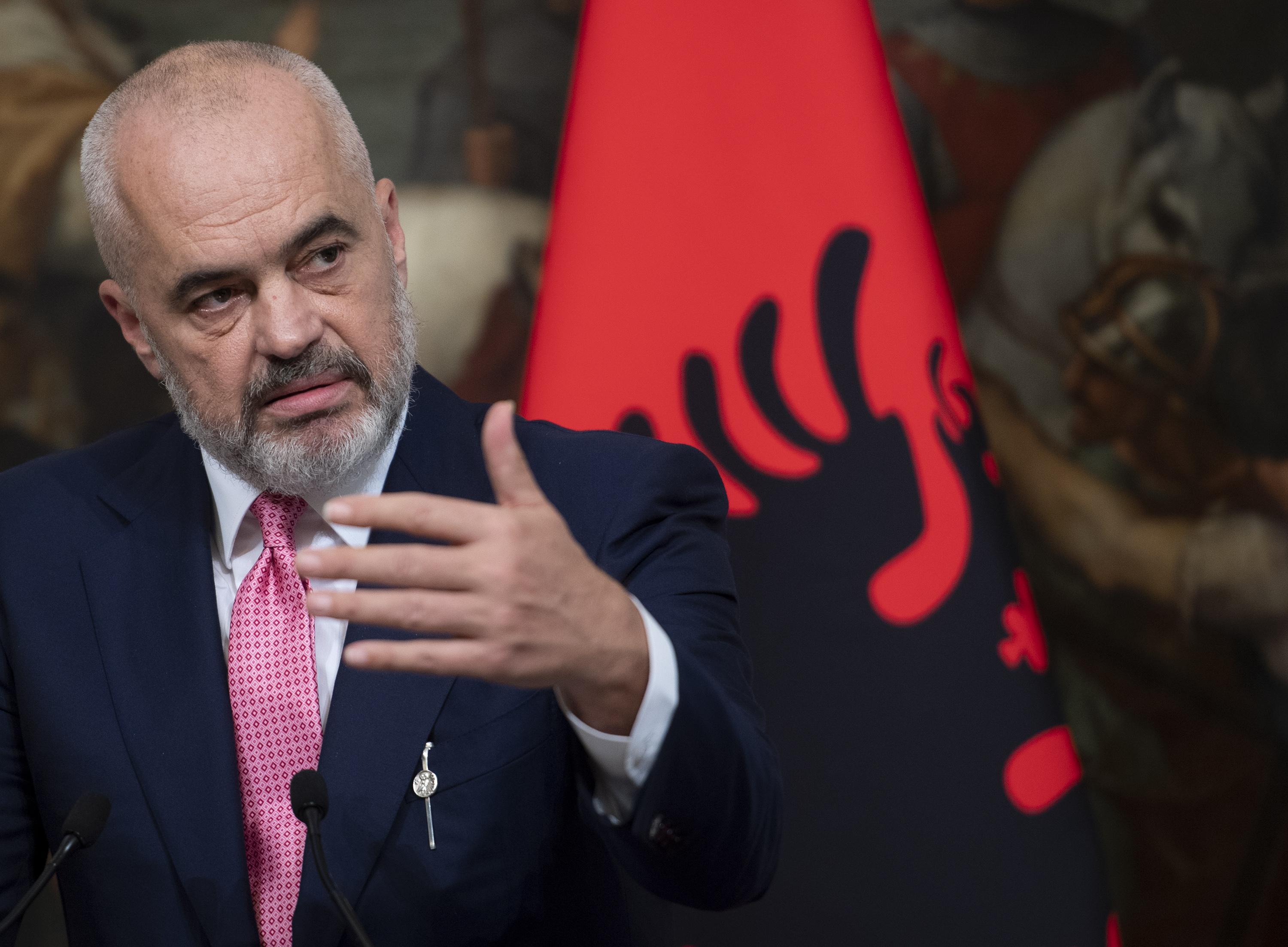 epa07962627 Albanian Prime Minister Edi Rama speaks during a press conference at the end of the working lunch at Chigi Palace in Rome, Italy, 31 October 2019.  EPA-EFE/MAURIZIO BRAMBATTI