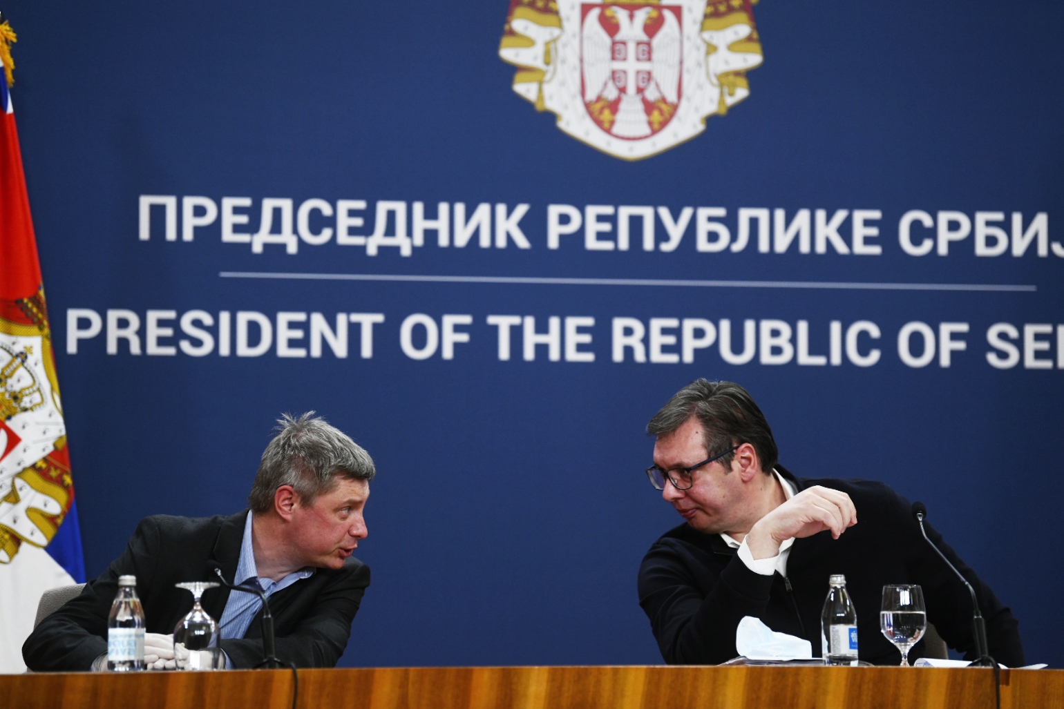 Beograd 02.04.2020. Goran Stevanović, Aleksandar Vučić obraćanje nakon sednice Kriznog štaba u Palati Srbija Foto:Nemanja Jovanović/Nova.rs