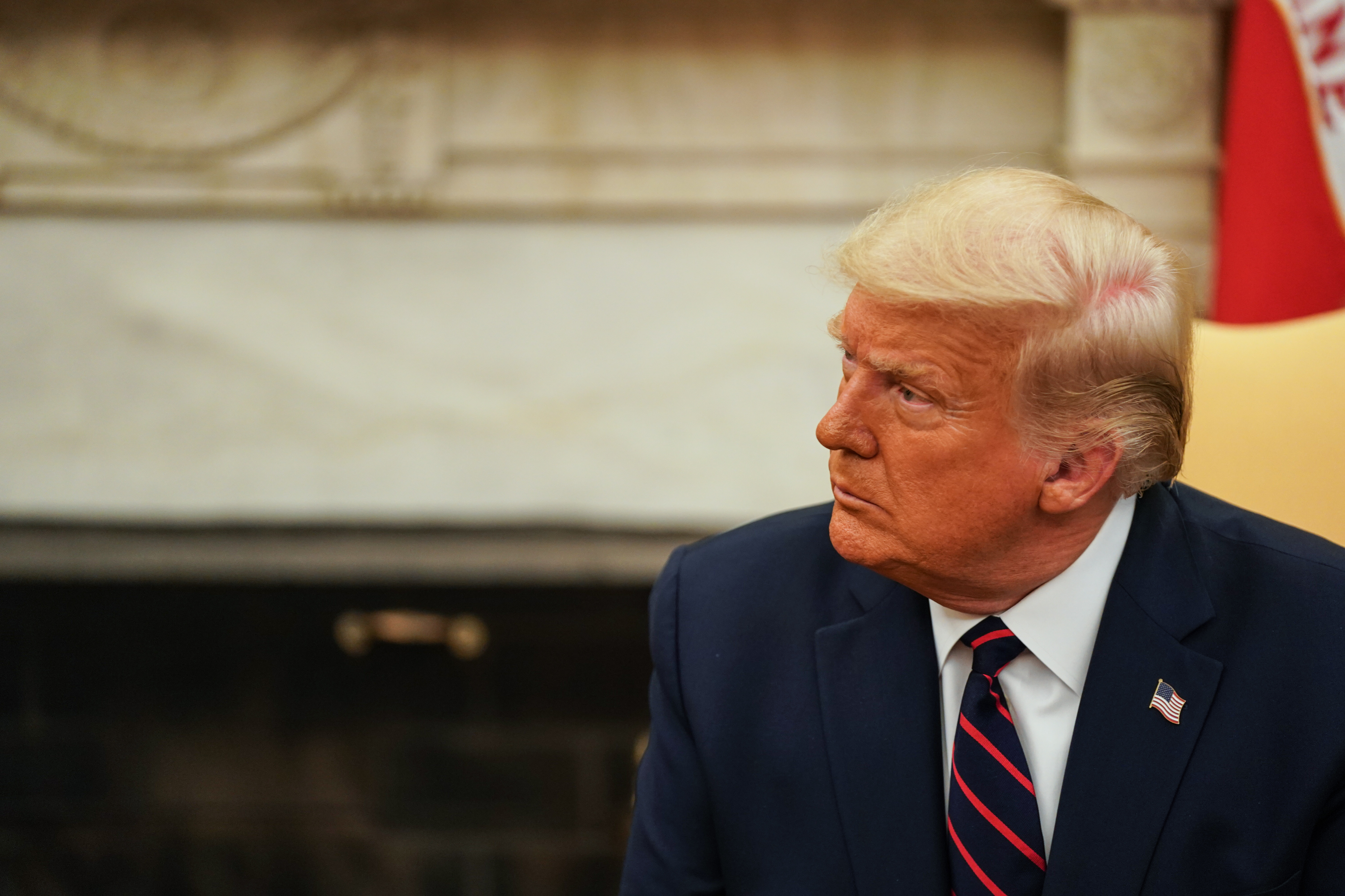 epa08614896 US President Donald J. Trump participates in a bilateral meeting with Iraqi Prime Minister Mustafa al-Kadhimi (not pictured), in the Oval Office of the White House in Washington, DC, USA, on 20 August 2020.  EPA-EFE/Anna Moneymaker / POOL