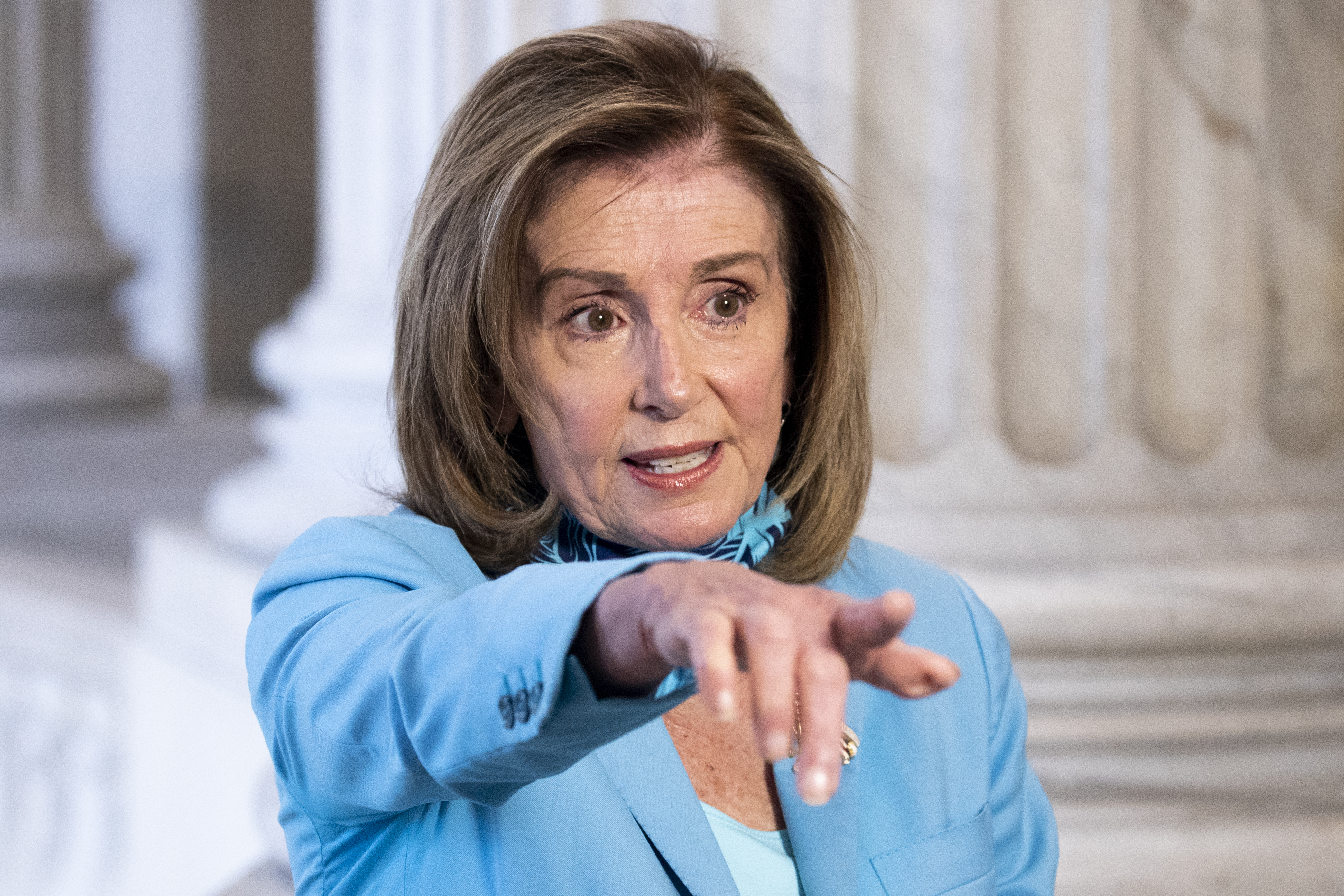 epa08671231 US Speaker of the House Nancy Pelosi participates in a television interview in the Russell Senate Office Building on Capitol Hill in Washington, DC, USA, 15 September 2020.  EPA-EFE/MICHAEL REYNOLDS