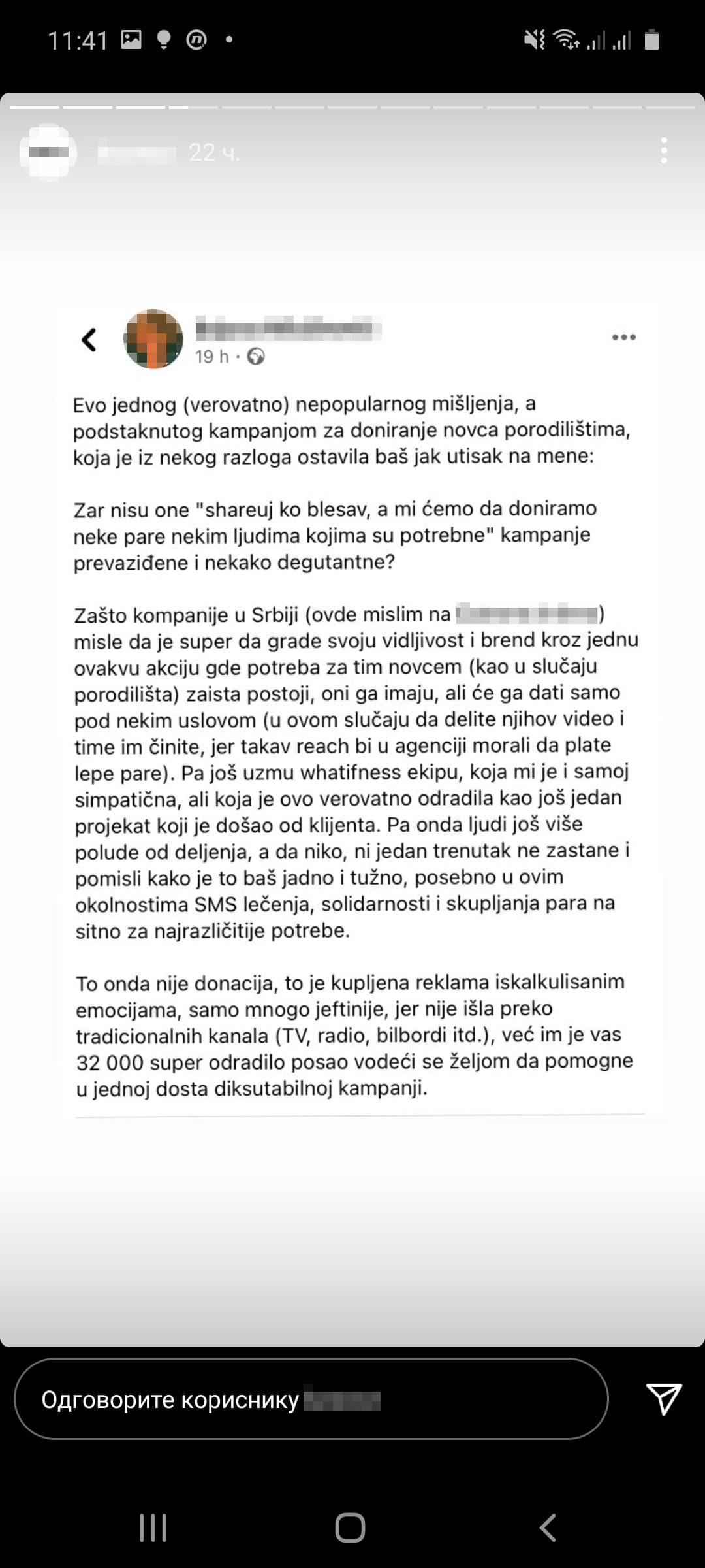 Reklama, donacija, humanitarna akcija, komentari Foto: Instagram