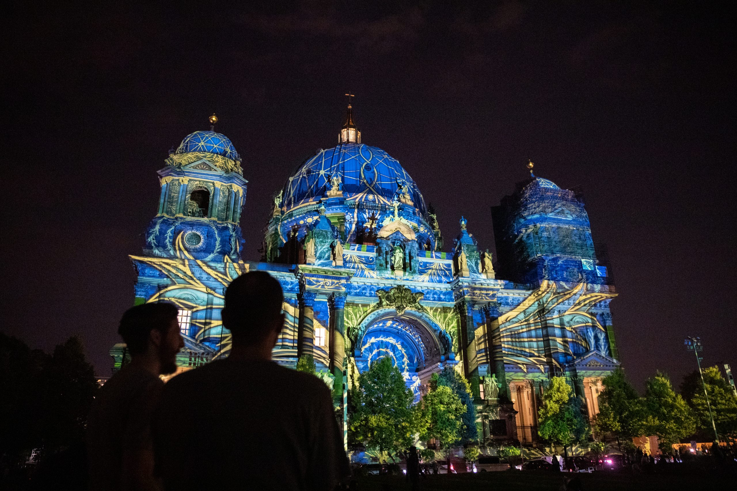 epa08674537 The Berlin Cathedral is illuminated by colourful images during the 'Festival of Lights' in Berlin, Germany, 16 September 2020. Berlin's famous landmarks will be projected with artworks of lights from 11 to 20 September.  EPA-EFE/HAYOUNG JEON