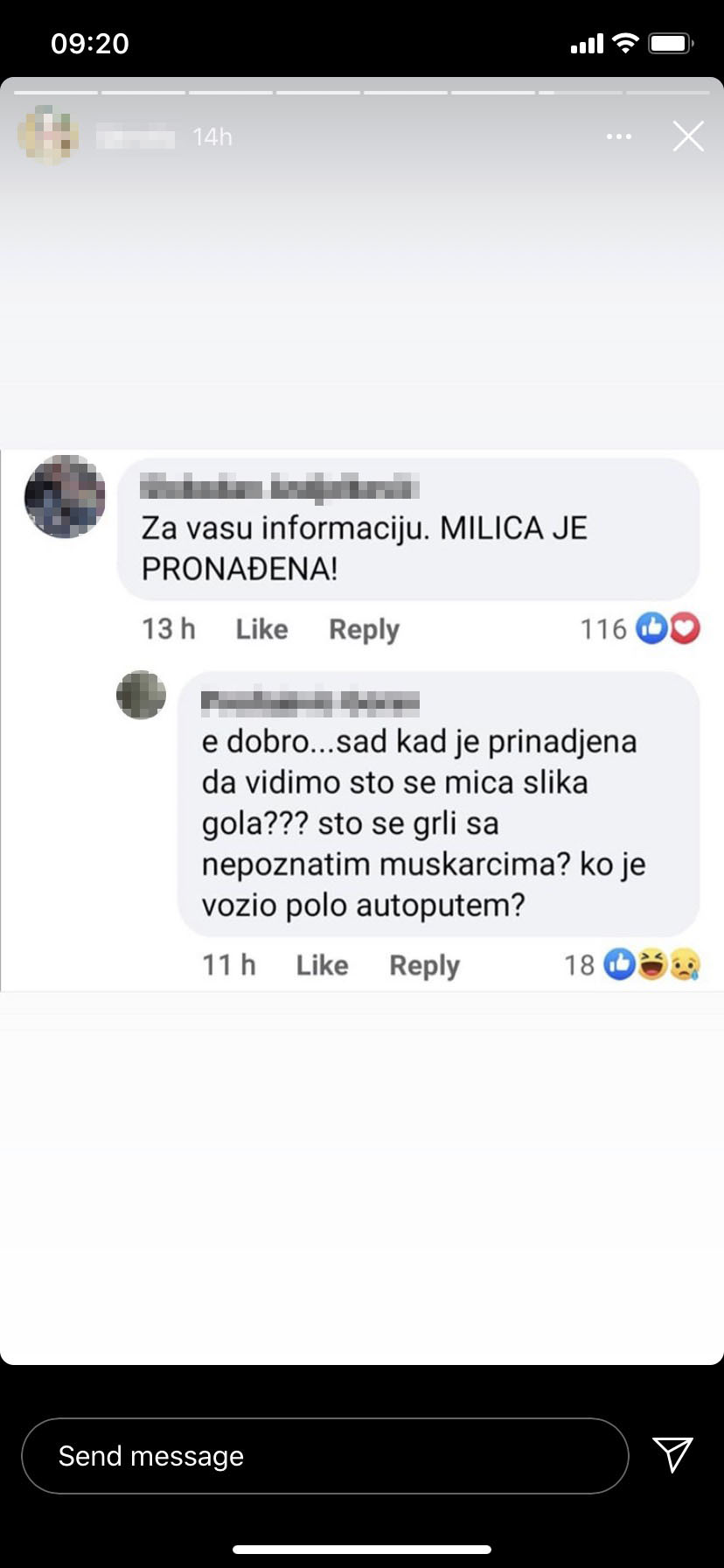 Komentari, izgubljena Milica