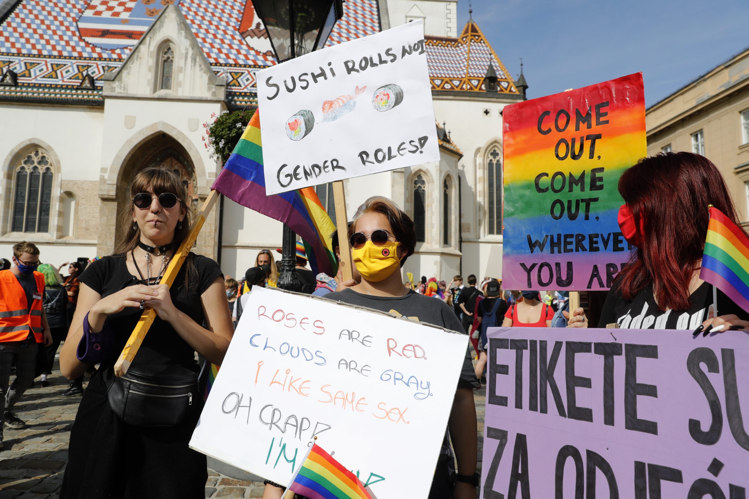 epa08681489 Activists and supporters of the LGBT (lesbian, gay, bisexual, and transgender persons) movement attend a Gay Pride march in Zagreb, Croatia, 19 September 2020. The Pride march was attended by thousands of people.  EPA-EFE/ANTONIO BAT