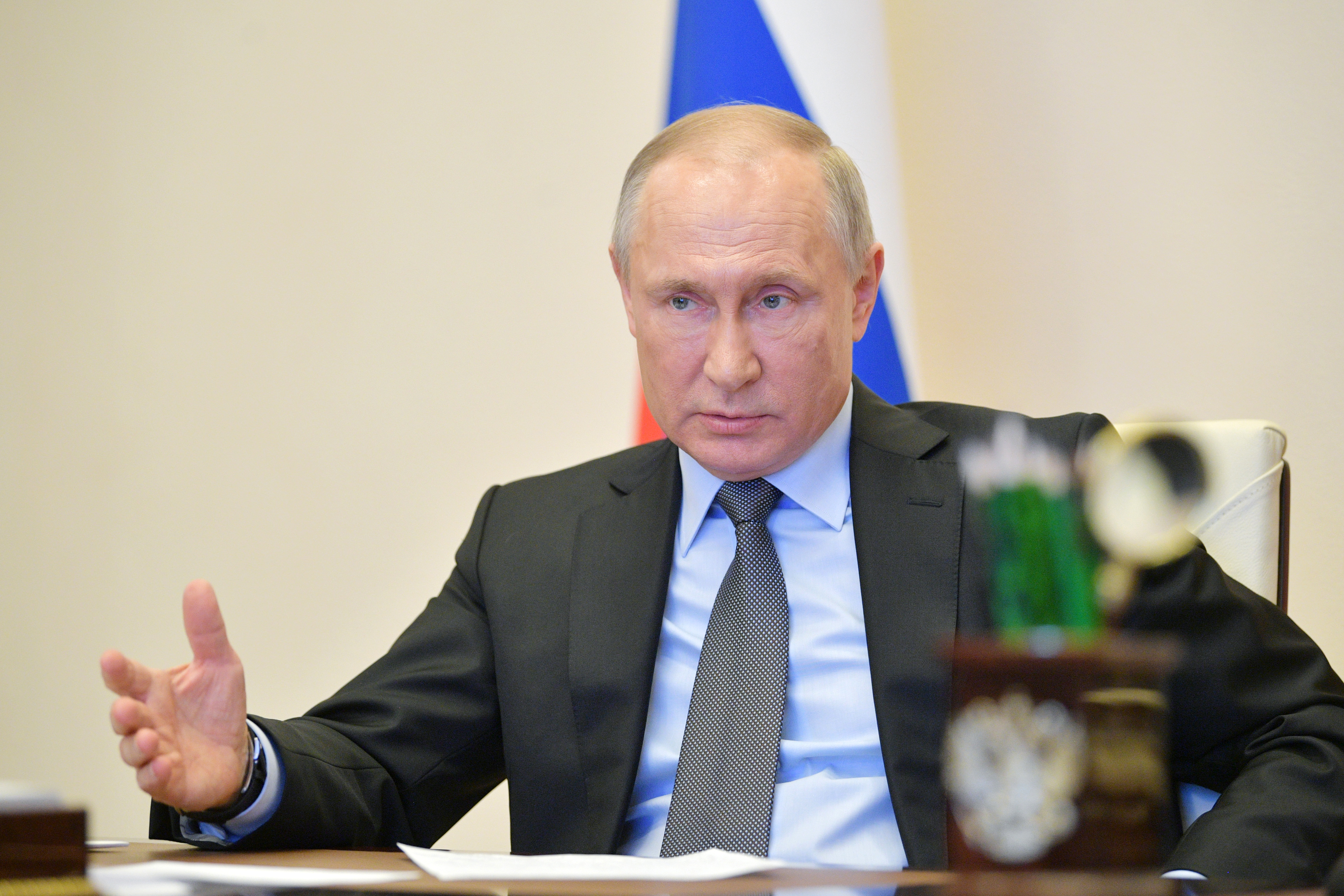 Russian President Putin video call conference on coronavirus in Russia