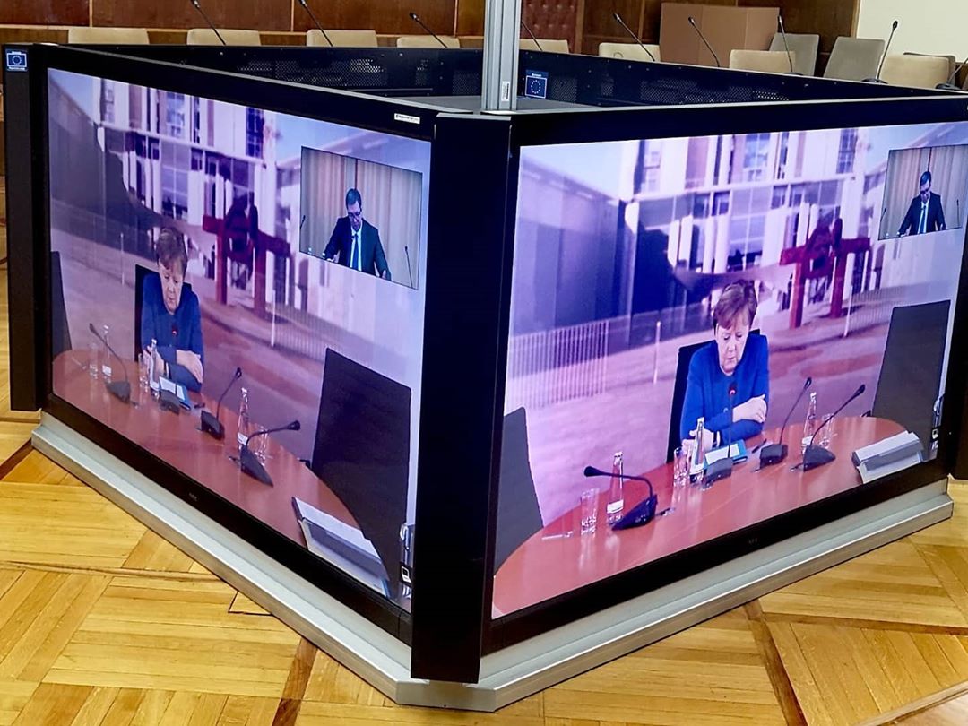 Beograd,18. marta 2020.- Sastanak predsednika Srbije Aleksandra Vucica sa nemackom kancelarkom Angelom Merkel putem video-konferencijske. FOTO TANJUG/ INSTAGRAM BUDUCNOSTSRBIJEAV/nr