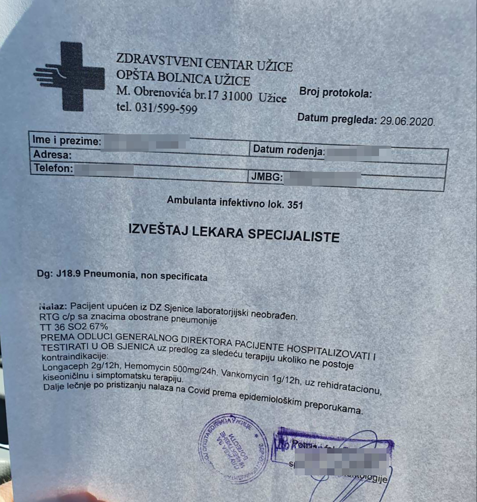 Užice, Sjenica, nalaz lekarka, izveštaj lekara specijaliste, koronavirus, covid 19, kovid Foto: Privatna arhiva