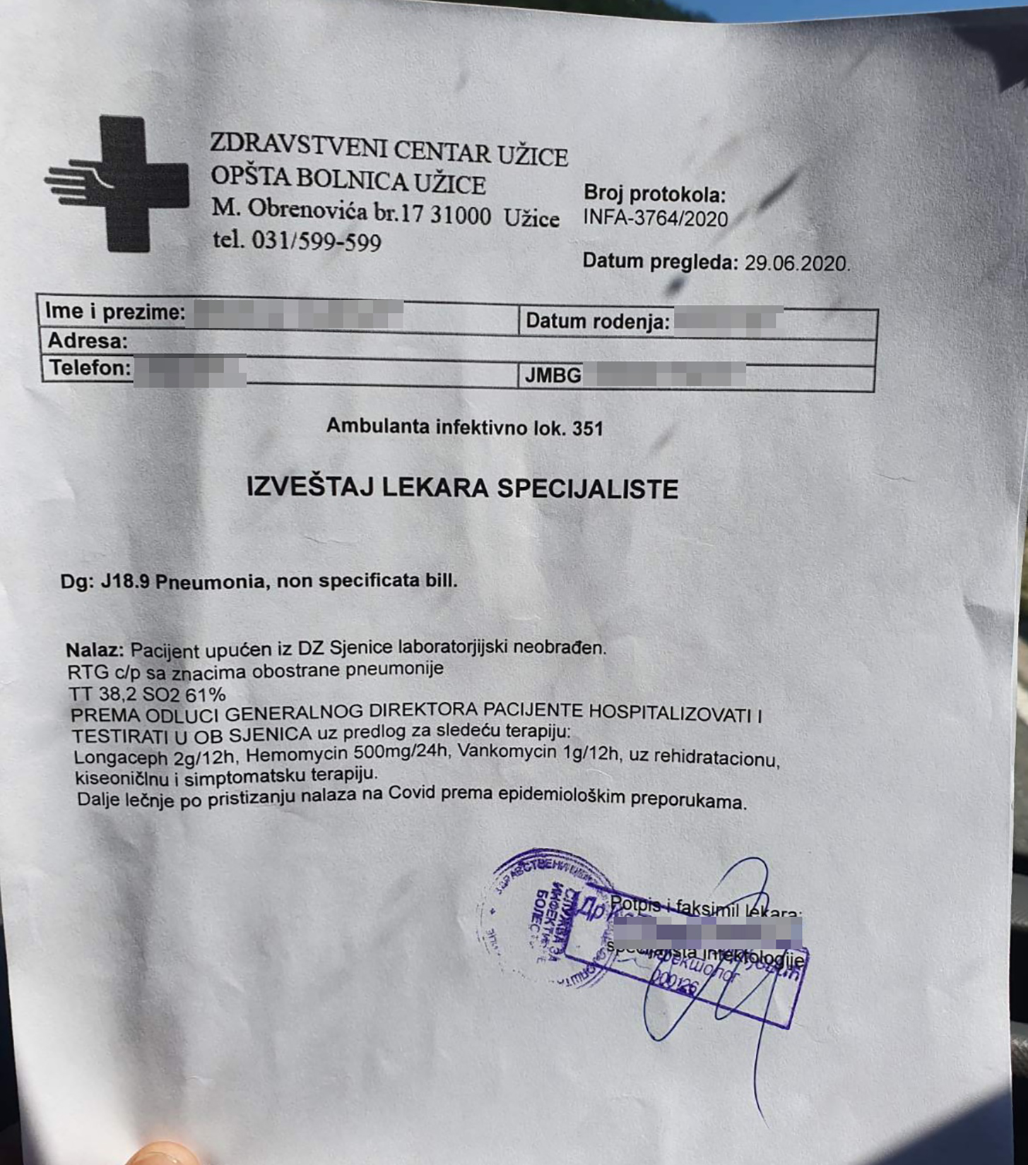 Užice, Sjenica, nalaz lekarka, izveštaj lekara specijaliste, koronavirus, covid 19, kovid Foto: Privatna arhiva