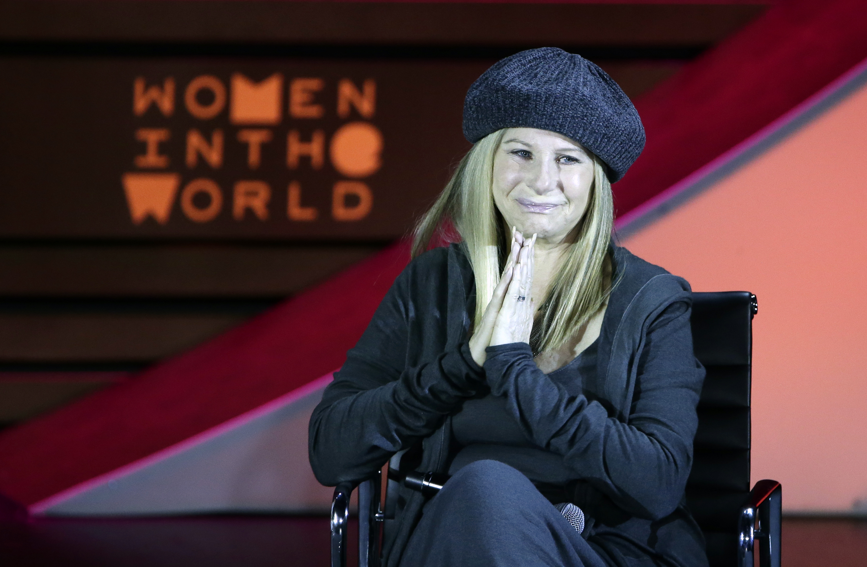 epa04718006 US singer/actress and Co-Founder of the Women?s Heart Alliance, Barbra Streisand, addresses the Sixth Annual Women in the World Summit at the David H. Koch Theater at Lincoln Center in New York, New York, USA, 23 April 2015.  EPA/JASON SZENES