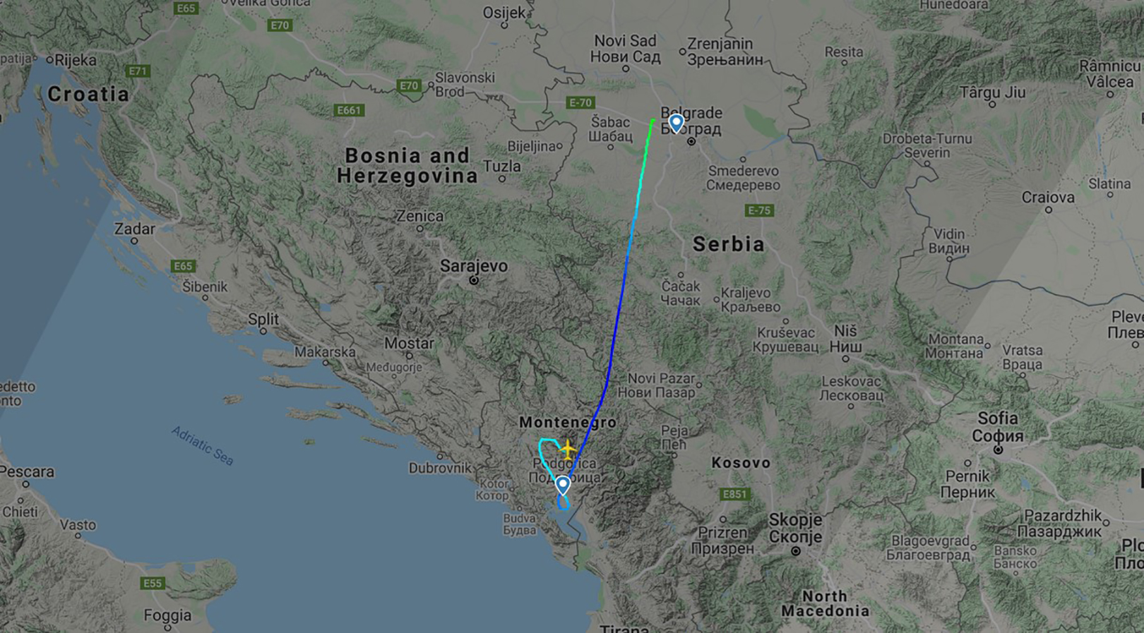 Avion Podgorica Beograd, ruta Foto: Flight radar