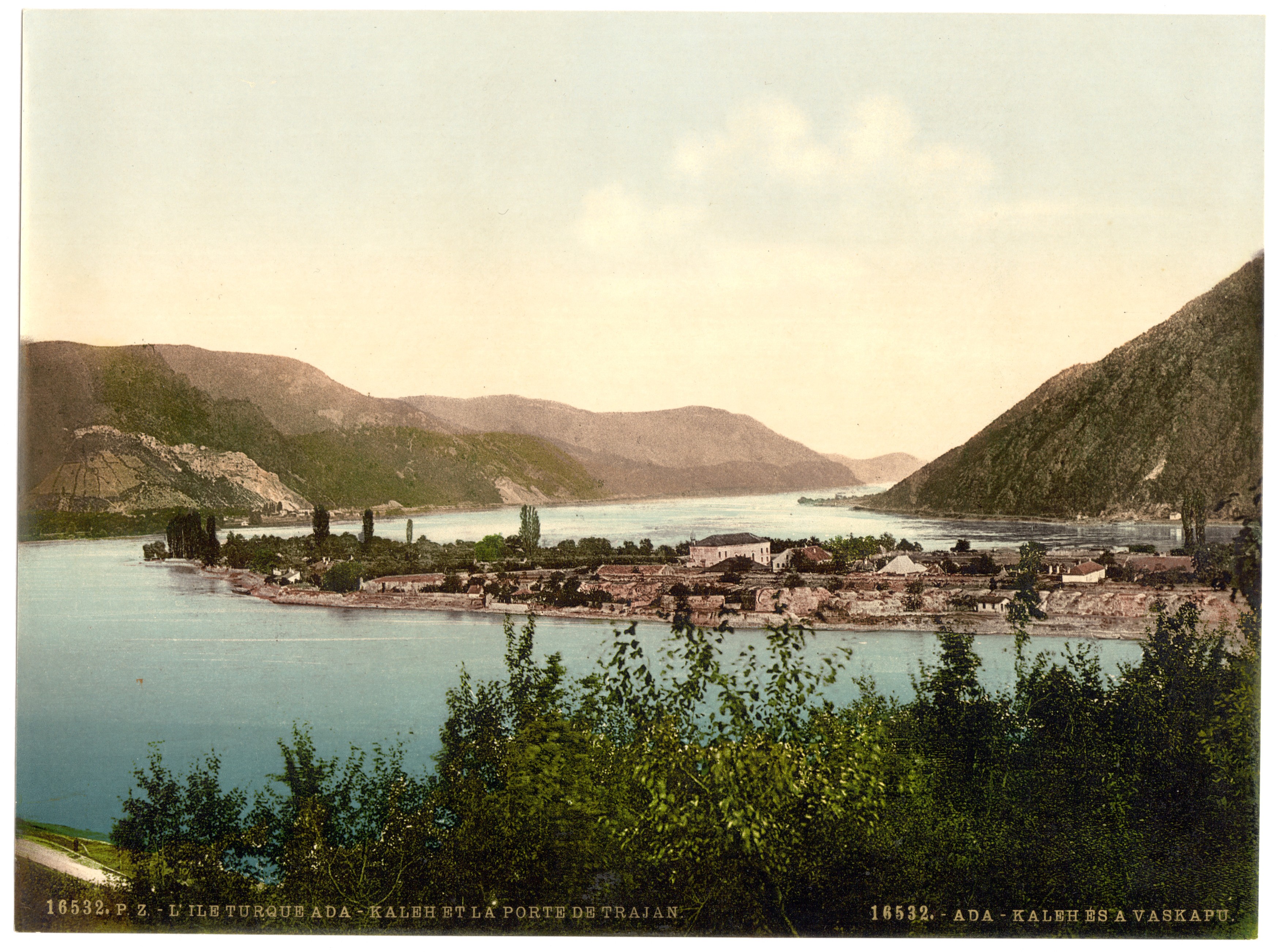Turkeningel (i.e., Ada Kaleh) and the Iron Gate of the Danube, Tatra, Austro-Hungary. Date between ca. 1890 and ca. 1900.,Image: 164921740, License: Rights-managed, Restrictions: Editorial use only without prior approval, Model Release: no