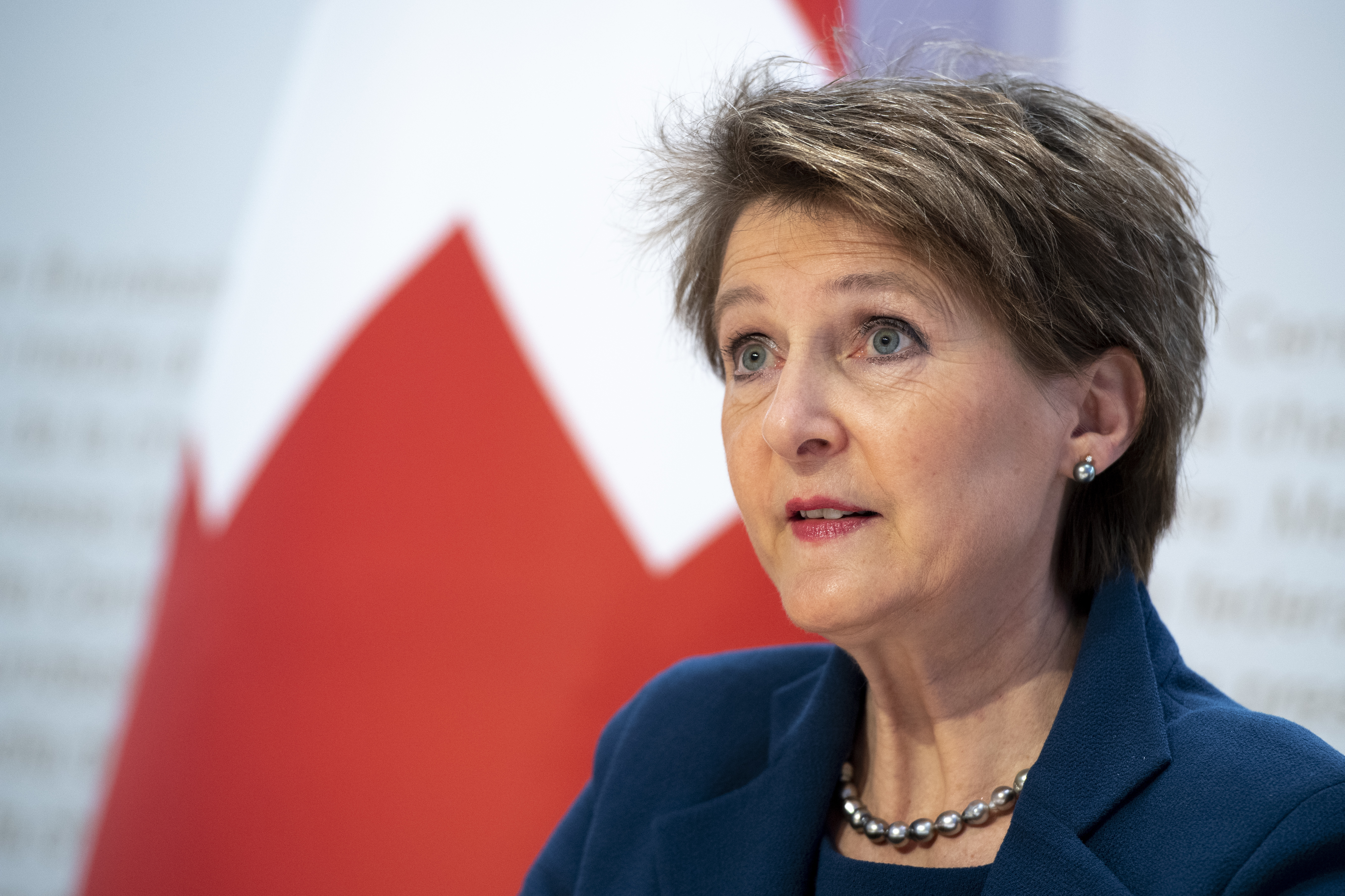 Simoneta Somaruga
epa08298440 Swiss Federal president Simonetta Sommaruga briefs the media about the latest measures to fight the Covid-19 Coronavirus pandemic, in Bern, Switzerland, 16 March 2020.  EPA-EFE/ANTHONY ANEX