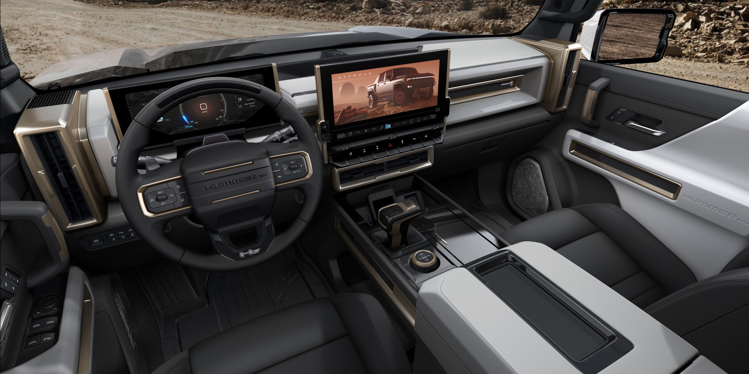 The 2022 GMC HUMMER EV’s design visually communicates extreme capability, reinforced with rugged architectural details that are delivered with a premium, well-executed and appointed interior.