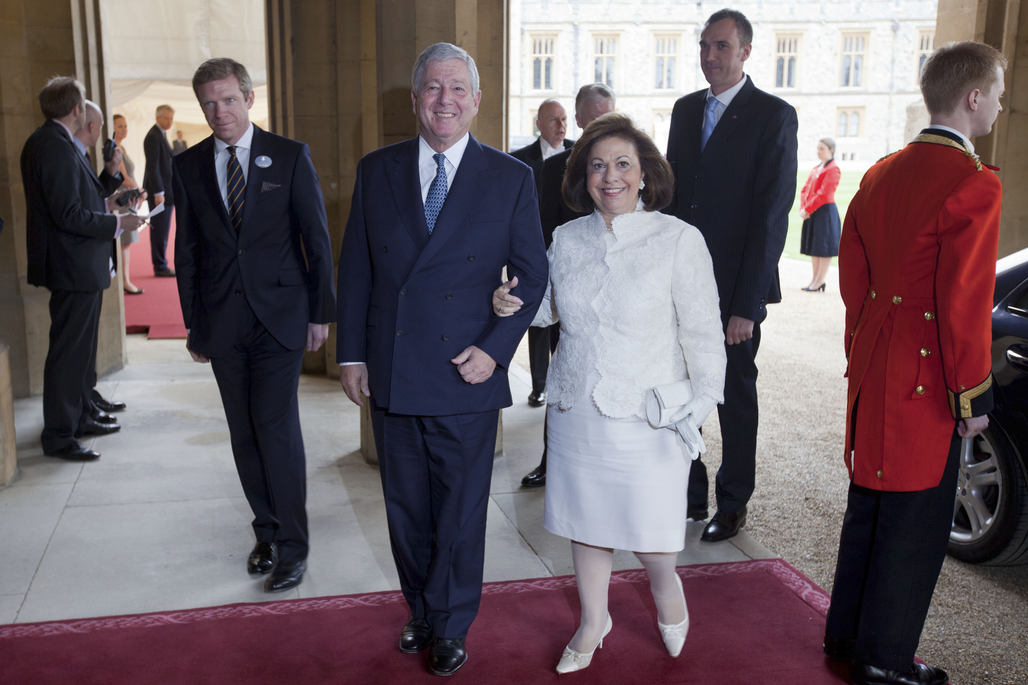 Alexander, Crown Prince of Yugoslavia and Her Royal Highness, Katherine, Crown Princess of Yugoslavia arrive for a lunch hosted by Queen Elizabeth at Windsor Castle, in Windsor