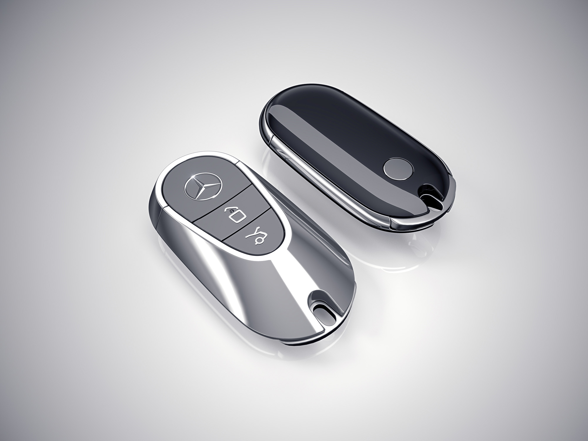 Mercedes-Benz S-Klasse Fahrzeugschlüssel in Schwarz Hochglanz mit Zierrahmen in Chrom Hochglanz 

Mercedes-Benz S-Class key in black high gloss with decorative frame in chrome high gloss