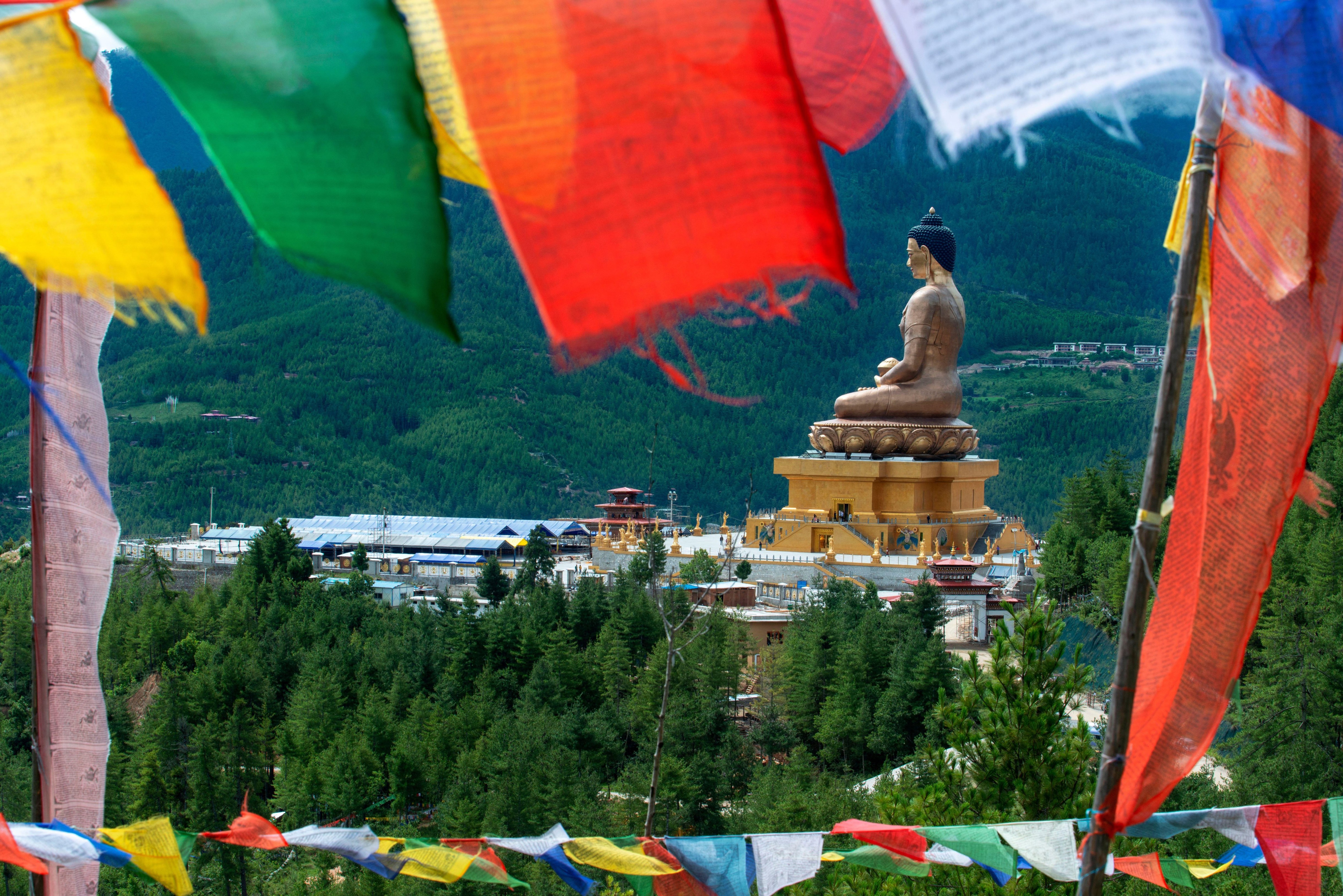 Landmark of Thimphu City, Bhutan, Kuenselphodrang, Buddha Dordenma, statue of Lord Buddha with Prayer flags
