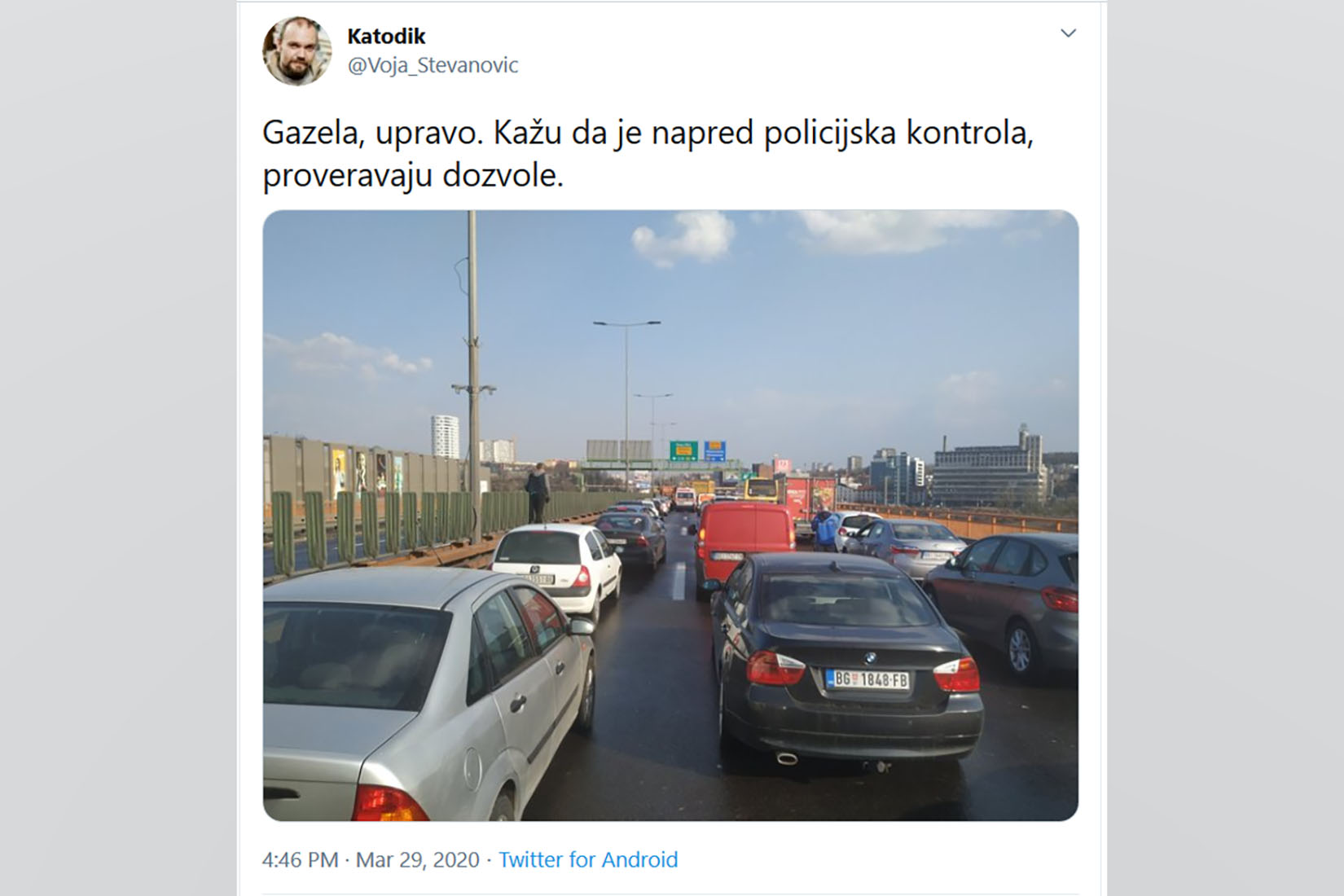 Gazela, gužva, kontrola, policijski čas Foto: Printscreen/Twitter/Katodik @Voja_Stevanovic