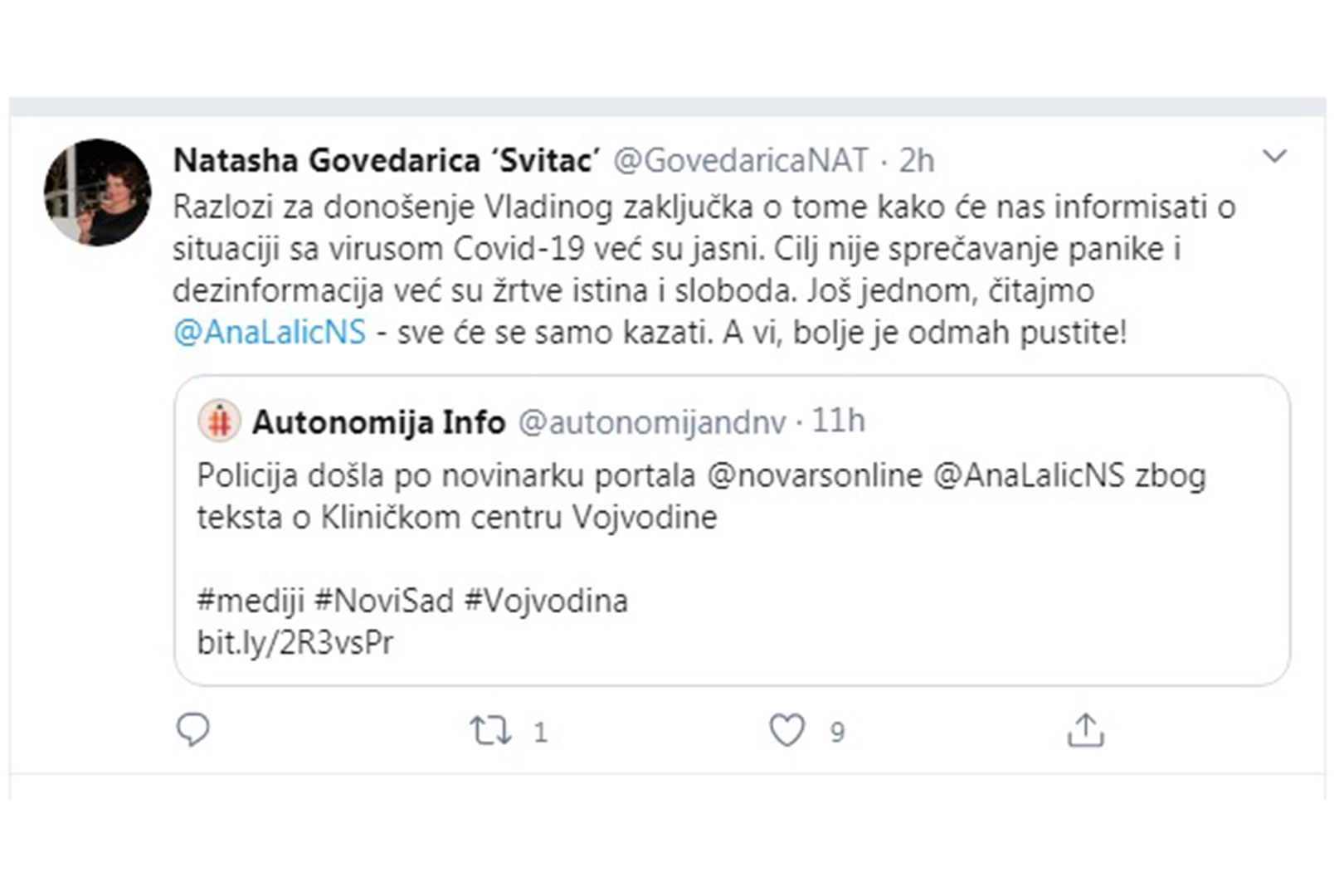 Ana Lalic, reakcija, Natasa Govedarica