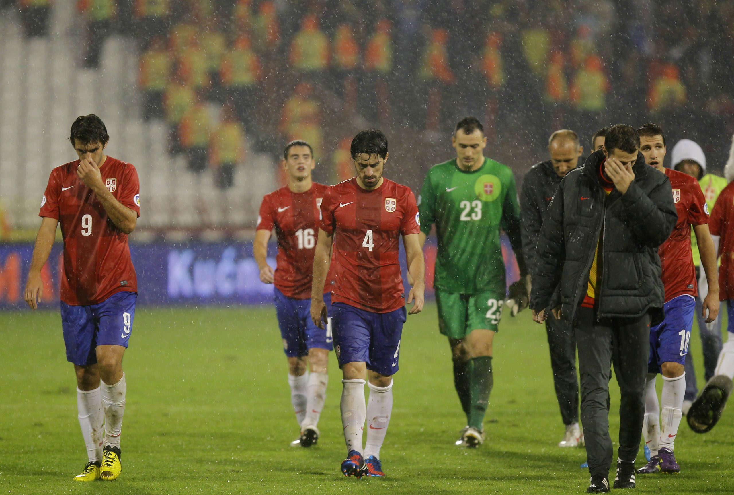Fudbal Soccer.Kvalifikacije za svetsko prvenstvo FIFA 2014 .Srbija v Belgija.from left Dejan Lekic Milan Bisevac Srdjan Mijailovic Zeljko Brkic Radosav Petrovic.Beograd, 12.10.2012..foto: Srdjan Stevanovic/Starsportphoto ©