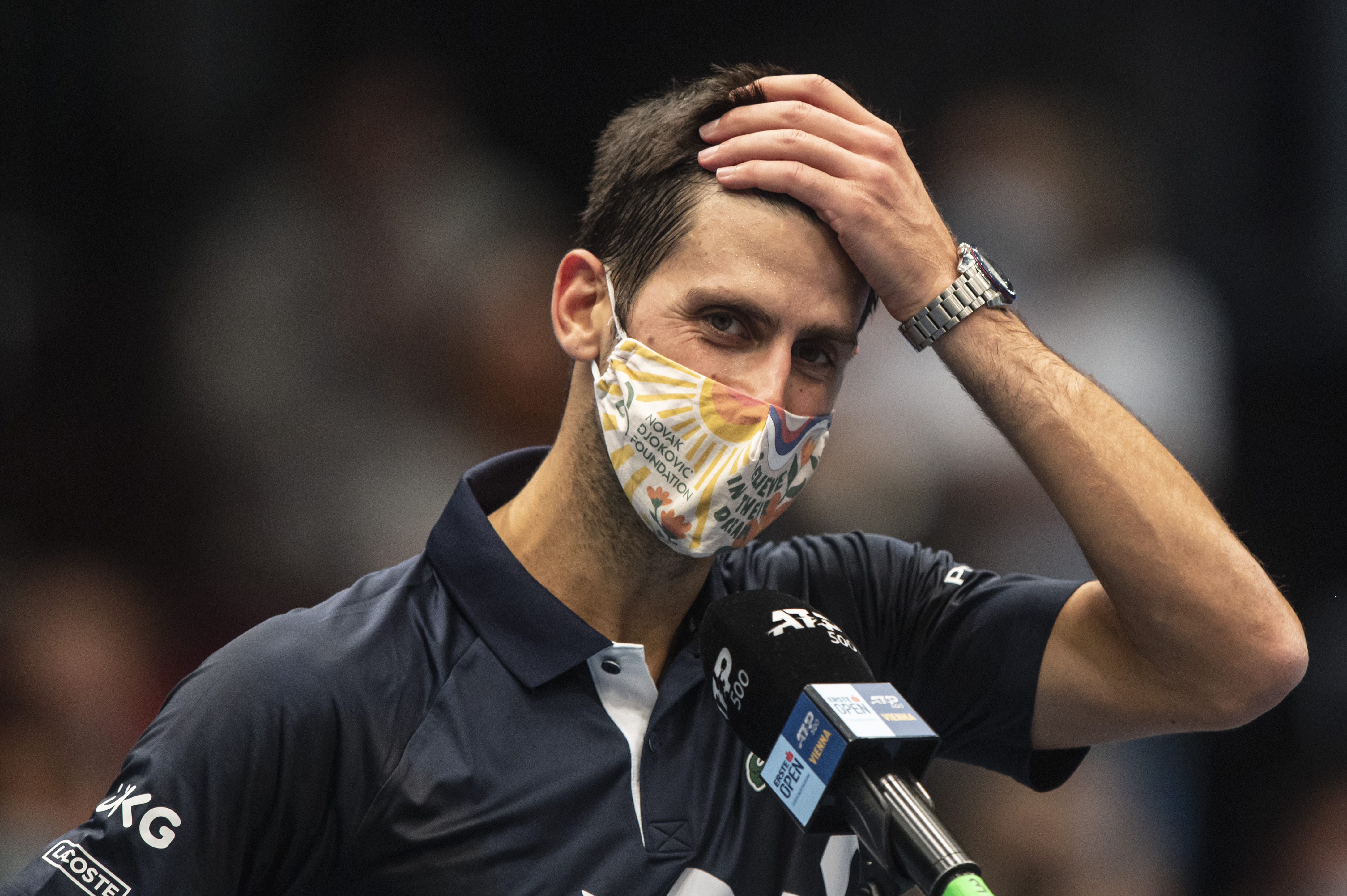 epa08778176 Novak Djokovic of Serbia reacts before his first round match against Filip Krajinovic of Serbia at the Erste Bank Open ATP tennis tournament in Vienna, Austria, 27 October 2020.  EPA-EFE/CHRISTIAN BRUNA