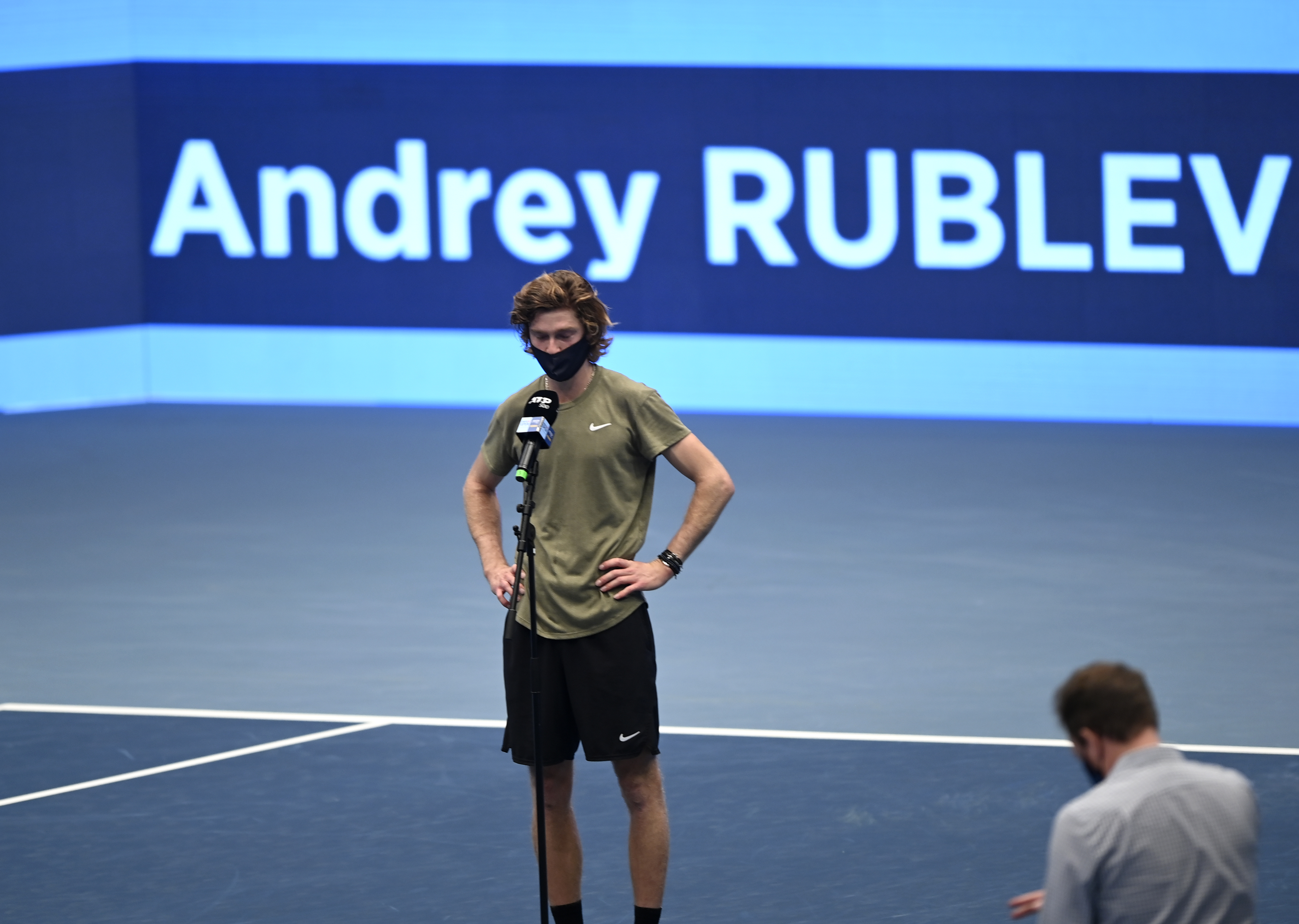 epa08788580  Andrey Rublev of Russia talks to the media  after the semifinal match against Kevin Anderson of South Africa at the Erste Bank Open ATP tennis tournament in Vienna, Austria, 31 October 2020.  EPA-EFE/CHRISTIAN BRUNA