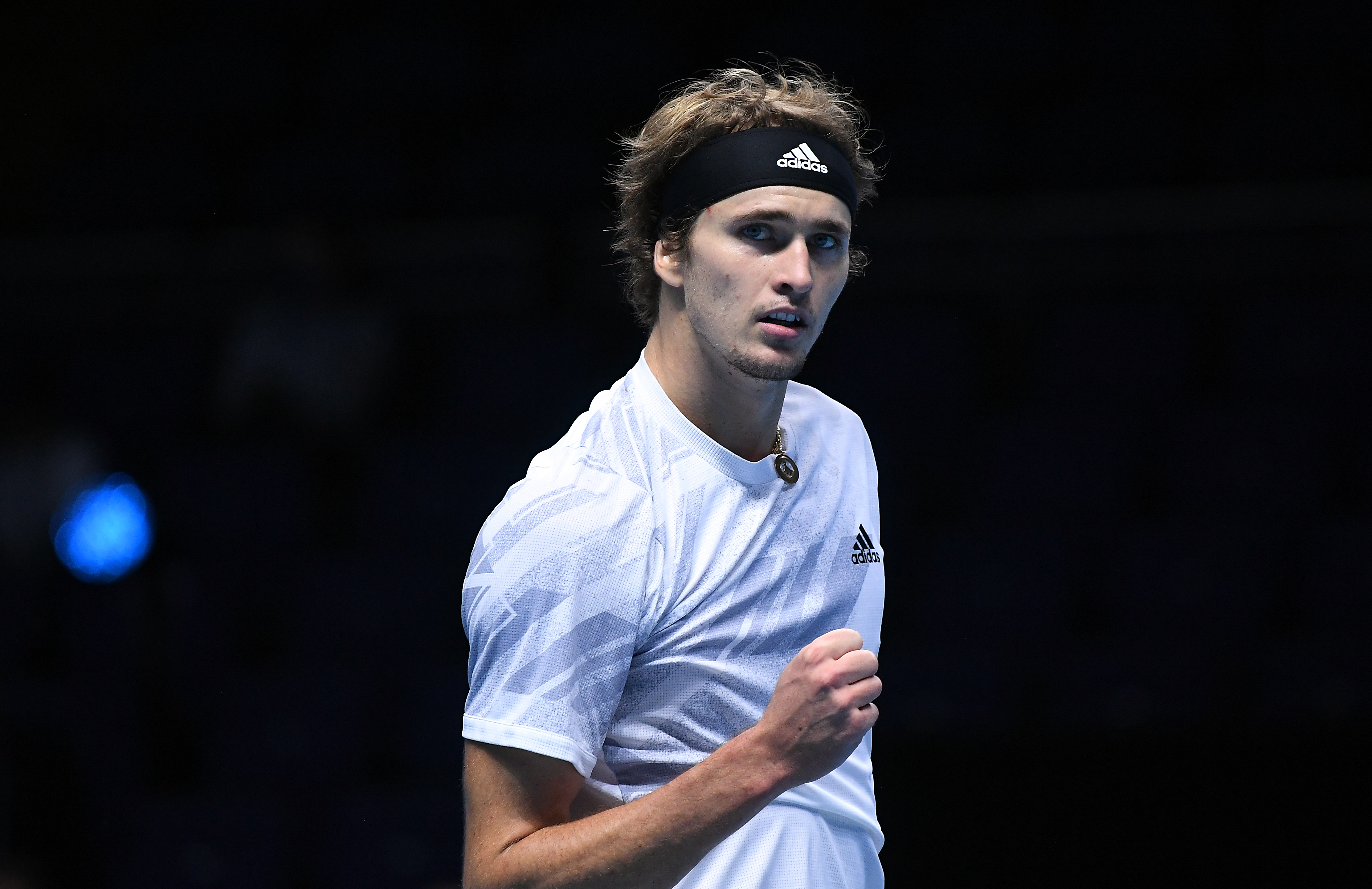 epa08827648 Alexander Zverev of Germany reacts after winning his group stage match against Diego Schwartzman of Argentina at the ATP Finals in London, Britain, 18 November 2020.  EPA-EFE/ANDY RAIN