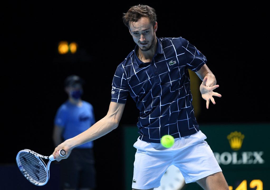 epa08832055 Daniil Medvedev of Russia in action against Diego Schwartzman of Argentina during their group stage match at the ATP Finals tennis tournament in London, Britain, 20 November 2020.  EPA-EFE/ANDY RAIN