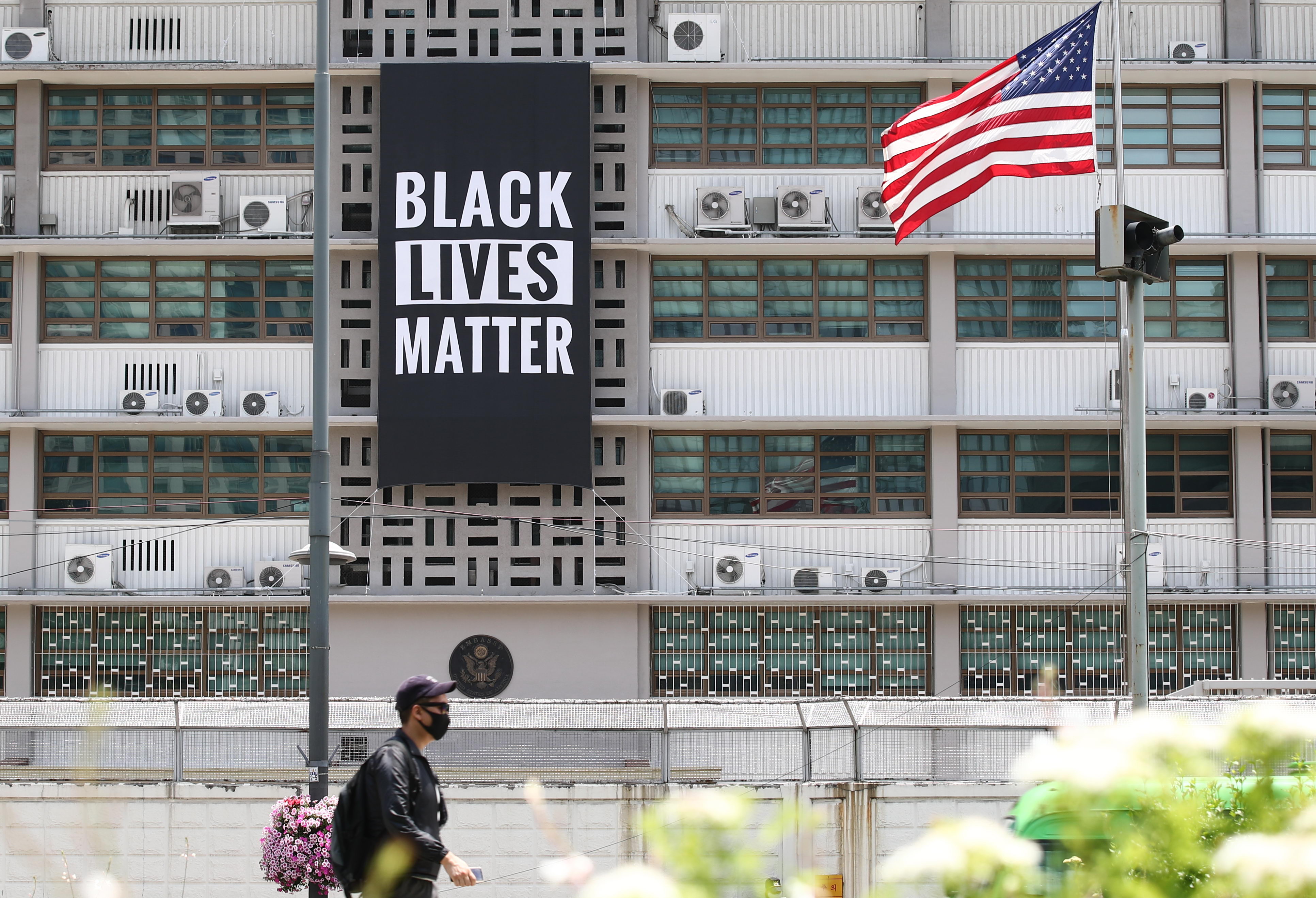 Black Lives Matter banners hangs from US Embassy in Seoul