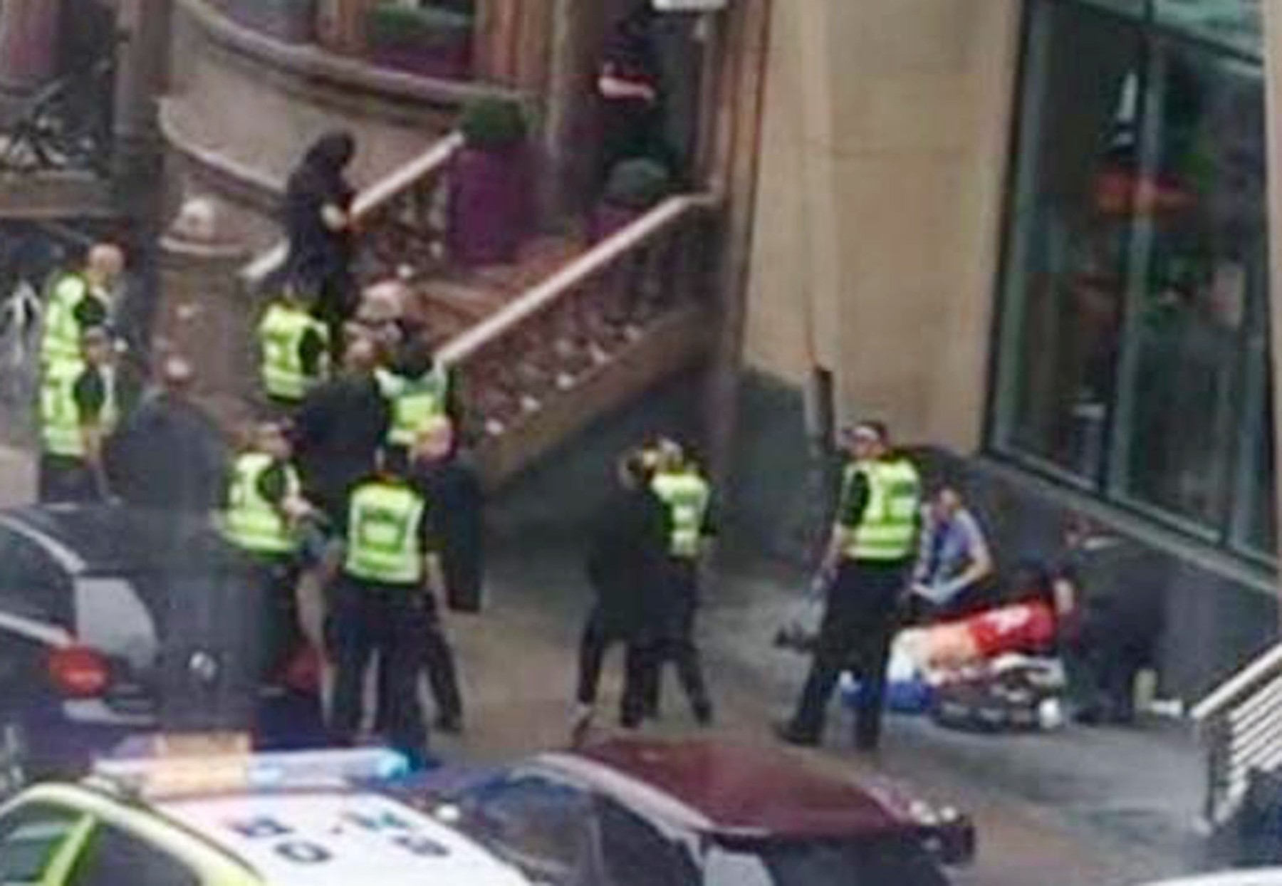 Pictures show Armed Police and Emergency services attending a serious incident in Glasgow.Armed Police have sealed off West George Street. According to eyewitnesses, injured people were seen being taken in stretchers from the Park Inn Hotel!