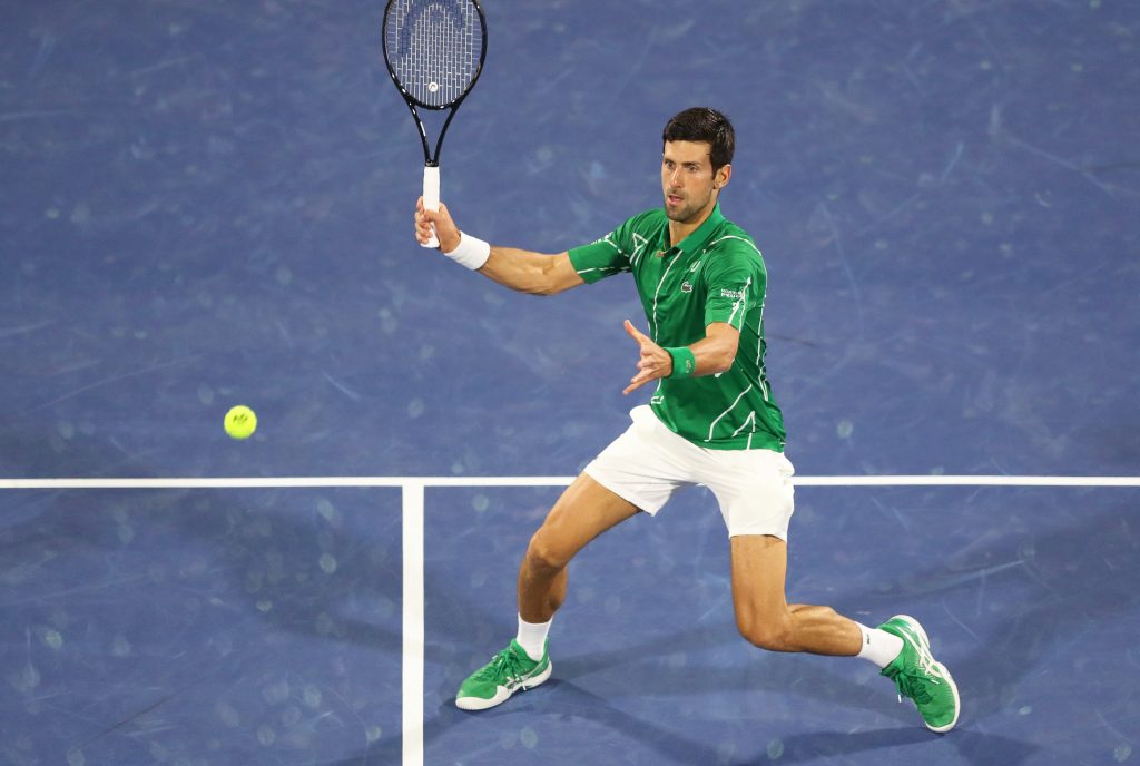 epa08250034 Novak Djokovic of Serbia in action during his second round match against Philipp Kohlschreiber of Germany at the Dubai Duty Free Tennis ATP Championships 2020 in Dubai, United Arab Emirates, 26 February 2020.  EPA-EFE/ALI HAIDER