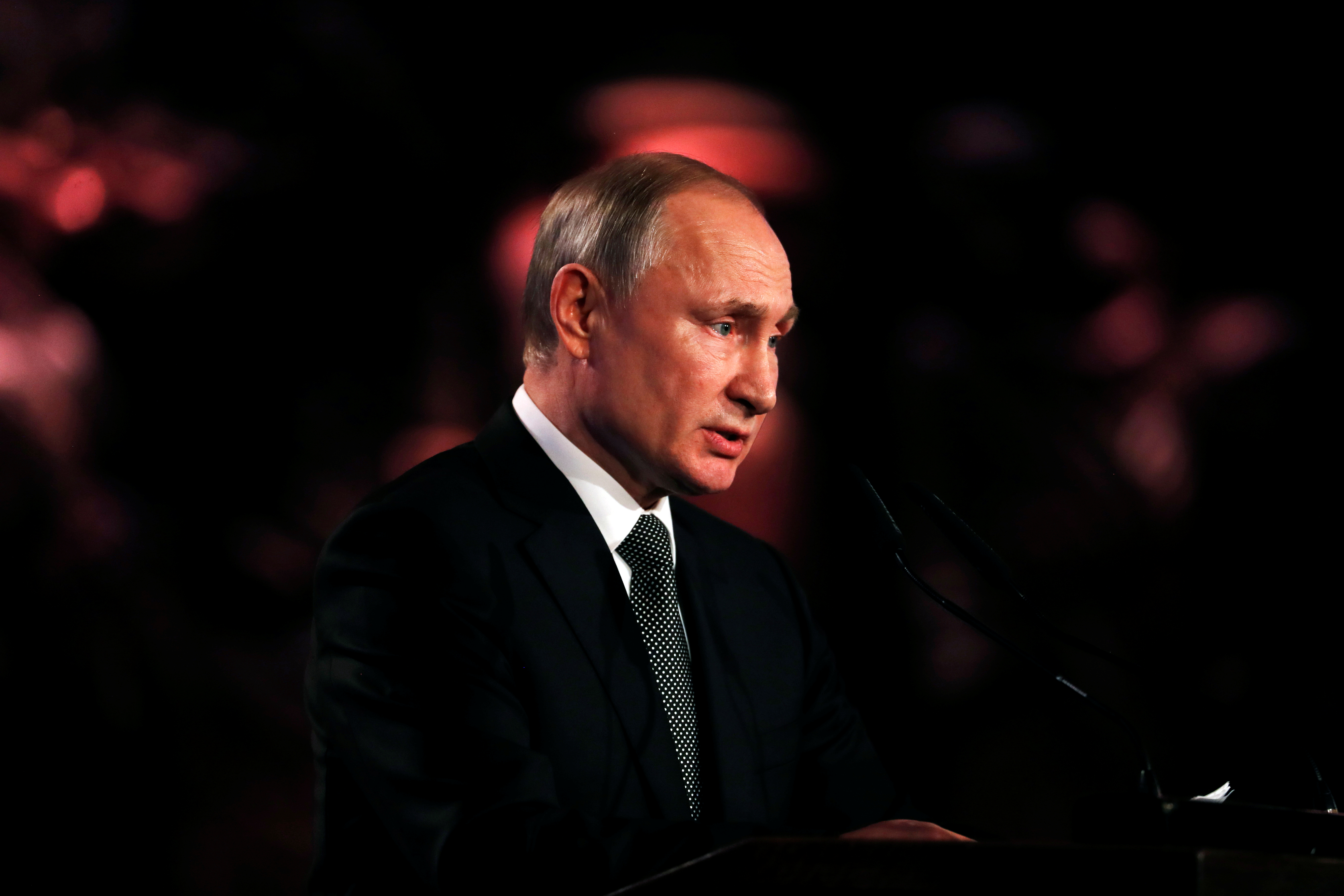 Russian President Vladimir Putin speaks at the World Holocaust Forum marking 75 years since the liberation of the Nazi extermination camp Auschwitz, at Yad Vashem Holocaust memorial centre in Jerusalem January 23, 2020.