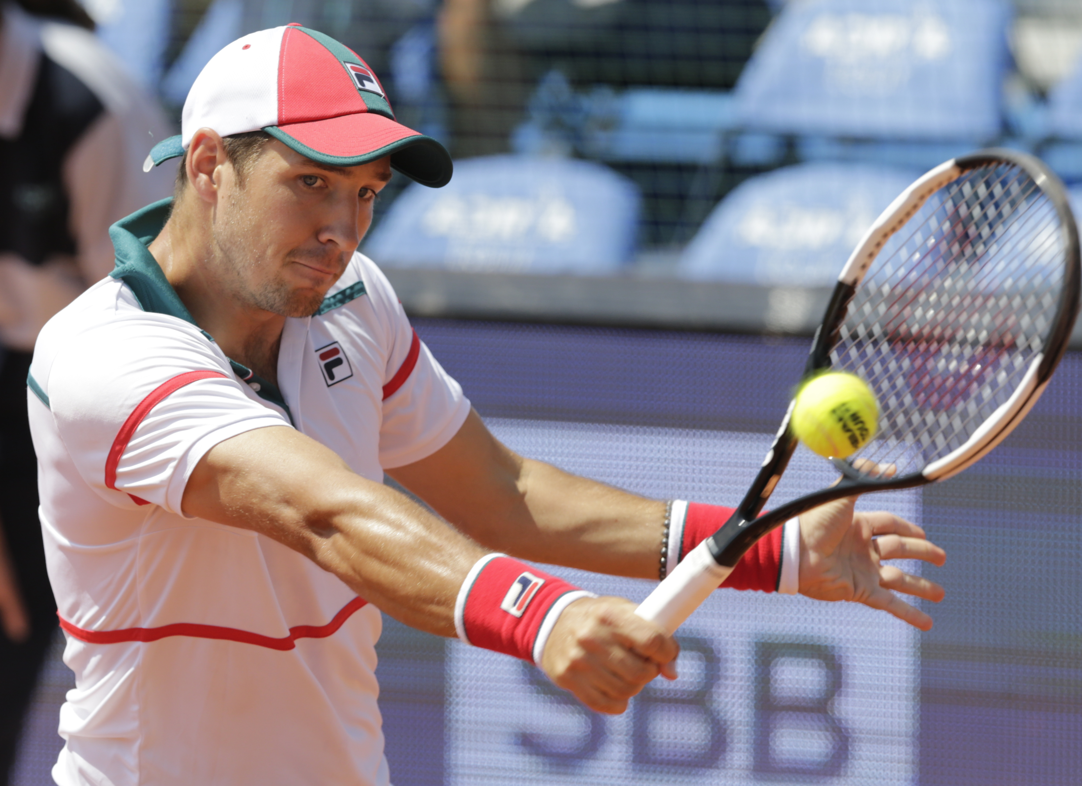 epa08484757 Dusan Lajovic of Serbia returns the ball to Nikola Milojevic of Serbia during the Adria Tour tennis tournament in Belgrade, Serbia, 14 June 2020. The Adria Tour will be held until 05 July in a number of Balkan countries.  EPA-EFE/ANDREJ CUKIC