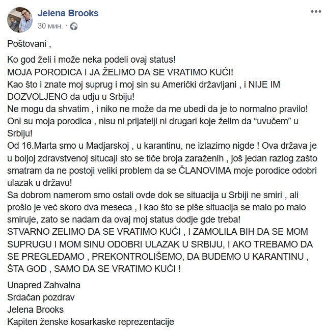 Jelenina poruka na Fejsbuku; Foto: Facebook/Jelena Brooks
Srbija Mađarska korona