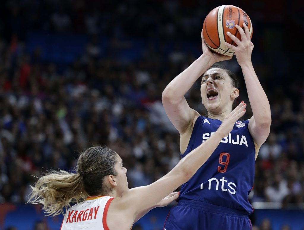 epa07700155 Jelena Brooks (R) of Serbia and Marta Xargay of Spain in action during the FIBA Women's Eurobasket 2019 semifinal match between Spain and Serbia in Belgrade, Serbia, 06 July 2019.  EPA-EFE/ANDREJ CUKIC