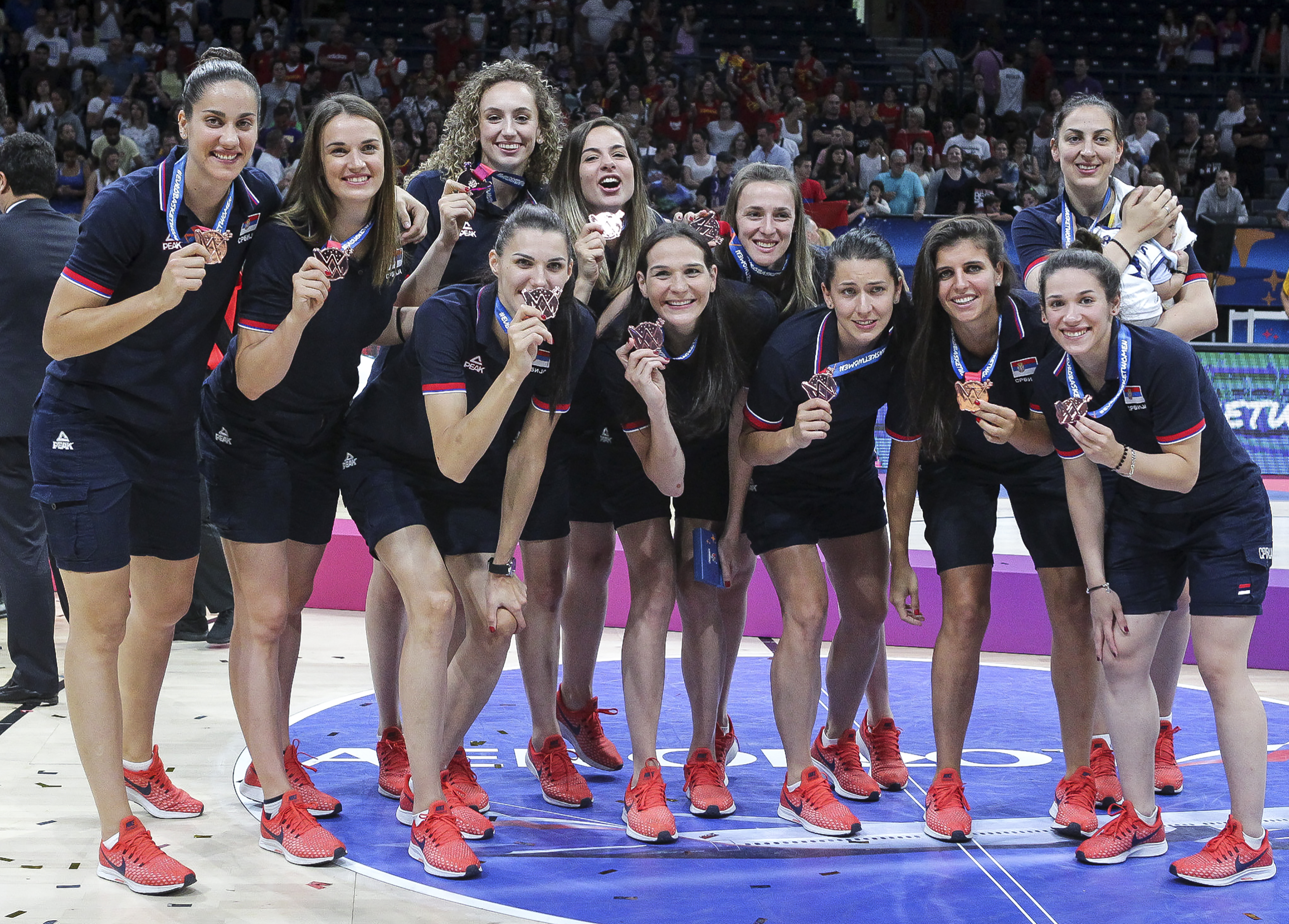 BELGRADE, SERBIA - JULY 07: Bronze medalist team of Serbia pose with the medals during FIBA Women's Eurobasket 2019 Medal Ceremony on July 7, 2019 in Belgrade, Serbia. (Photo by Srdjan Stevanovic/Getty Images)