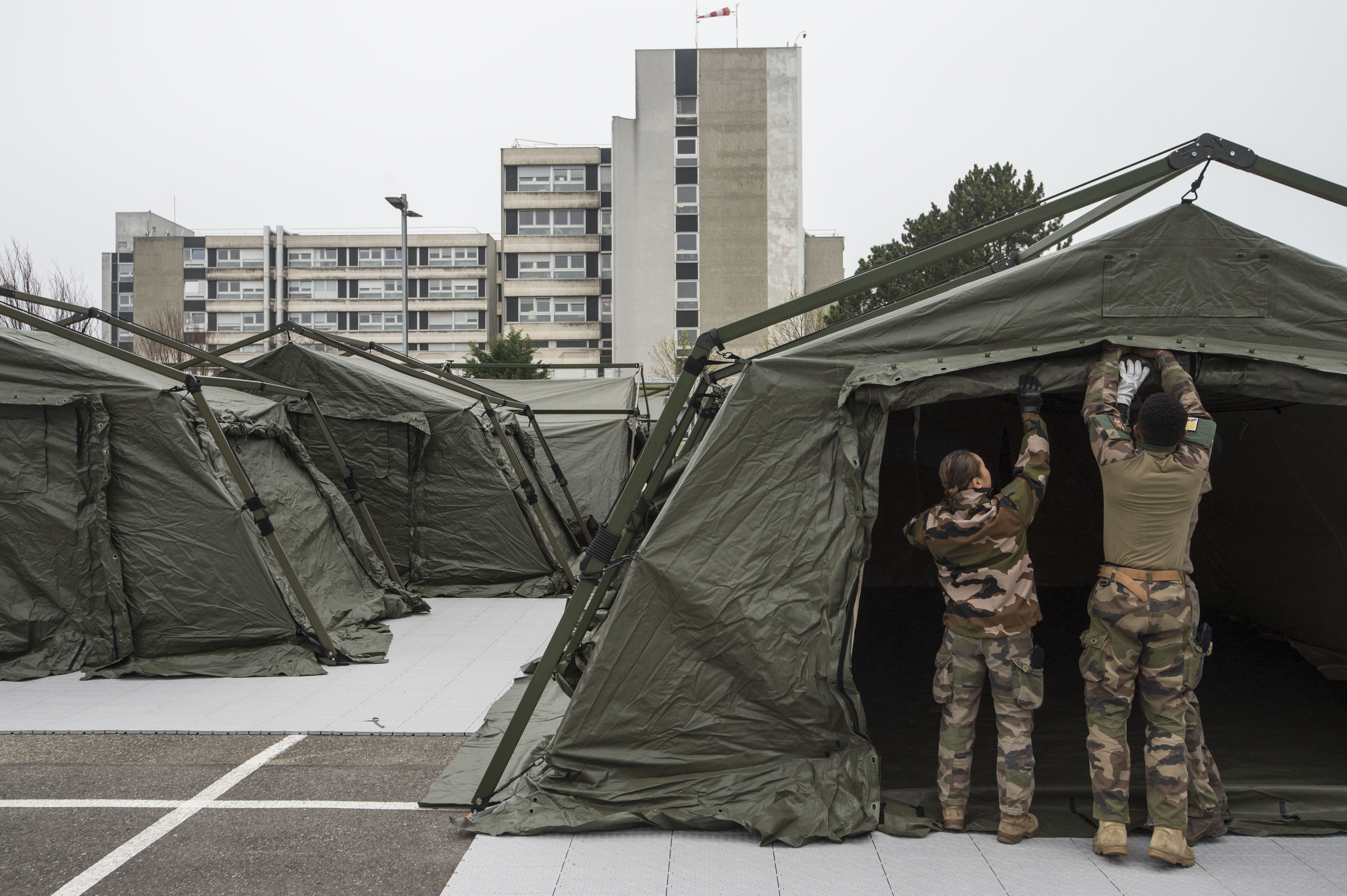French soldiers set up a military field hospital at the Emile Muller Hospital in Mulhouse
