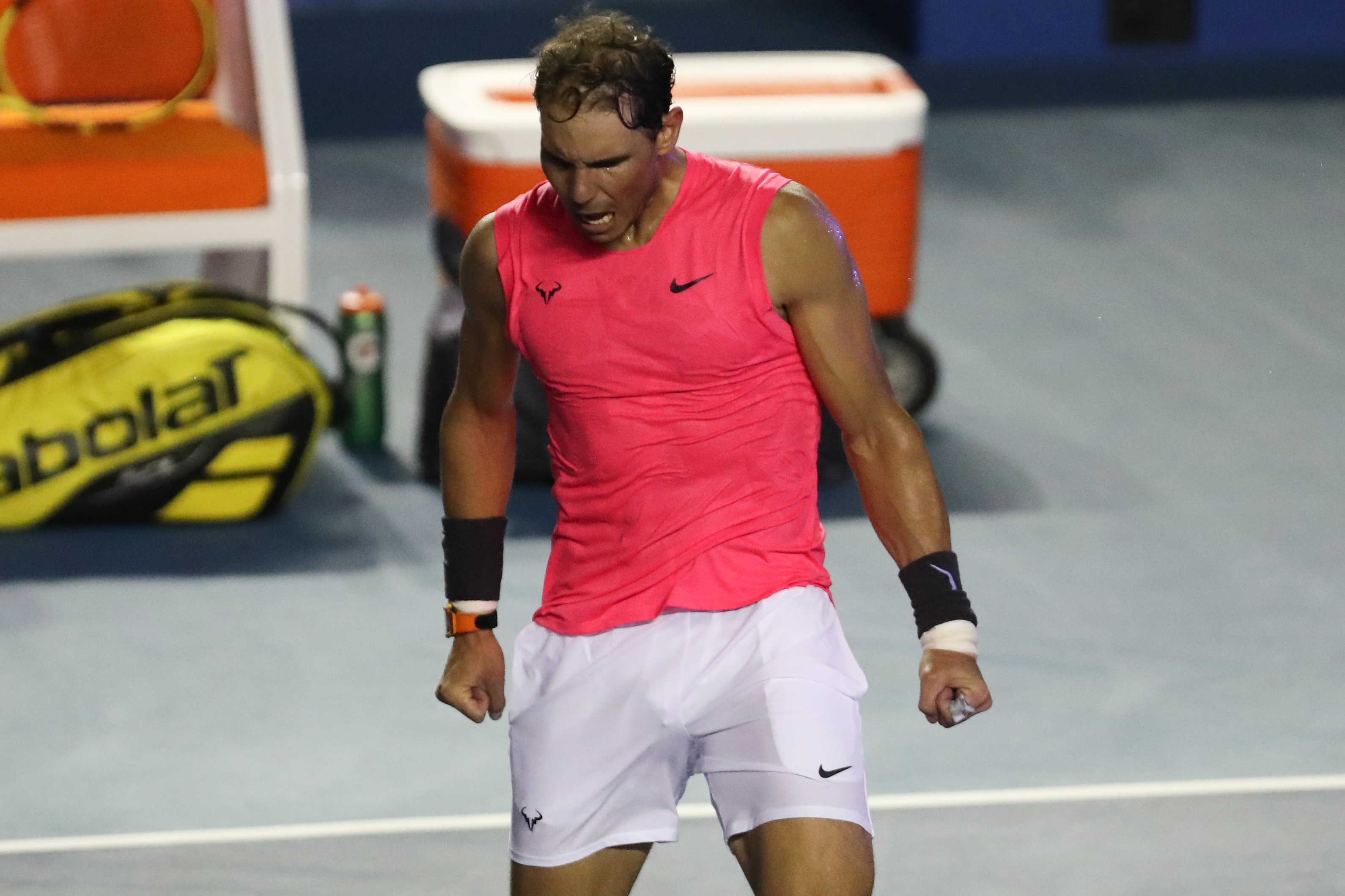 epa08257918 Rafael Nadal of Spain celebrates after defeating Grigor Dimitrov of Bulgaria at the conclusion of a Men's Singles semi-final match in the Mexican Open tennis tournament in Acapulco, Mexico, 28 February 2020.  EPA-EFE/DAVID GUZMAN