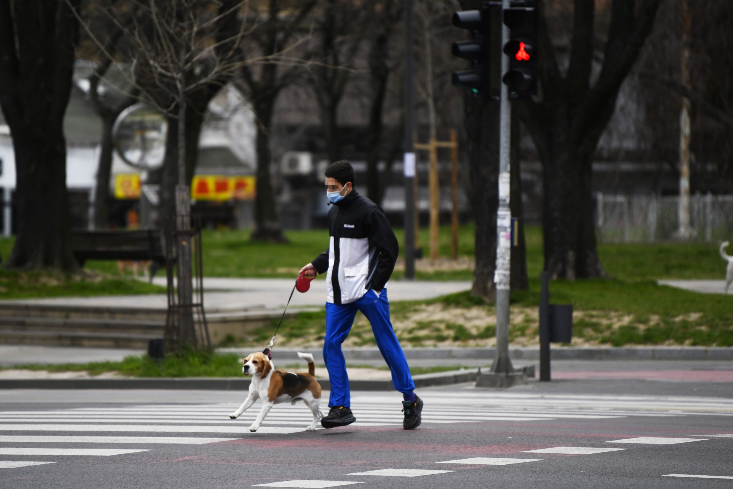 Beograd 22.02.2020. Beogradske ulice pred policijski čas uveden od 17 sati vanredno stanje usled pandemije koronavirusa, građani, zaštitne maske, pas, šetnja psa Foto:Nemanja Jovanović/Nova.rs