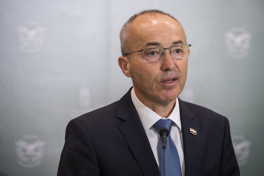 epa07492093 Croatian Deputy Prime Minister and Defence Minister Damir Krstičević speaks during a joint press conference with Hungarian Minister of Defence Benko following their talks, in Budapest, Hungary, 08 April 2019.  EPA-EFE/MARTON MONUS HUNGARY OUT