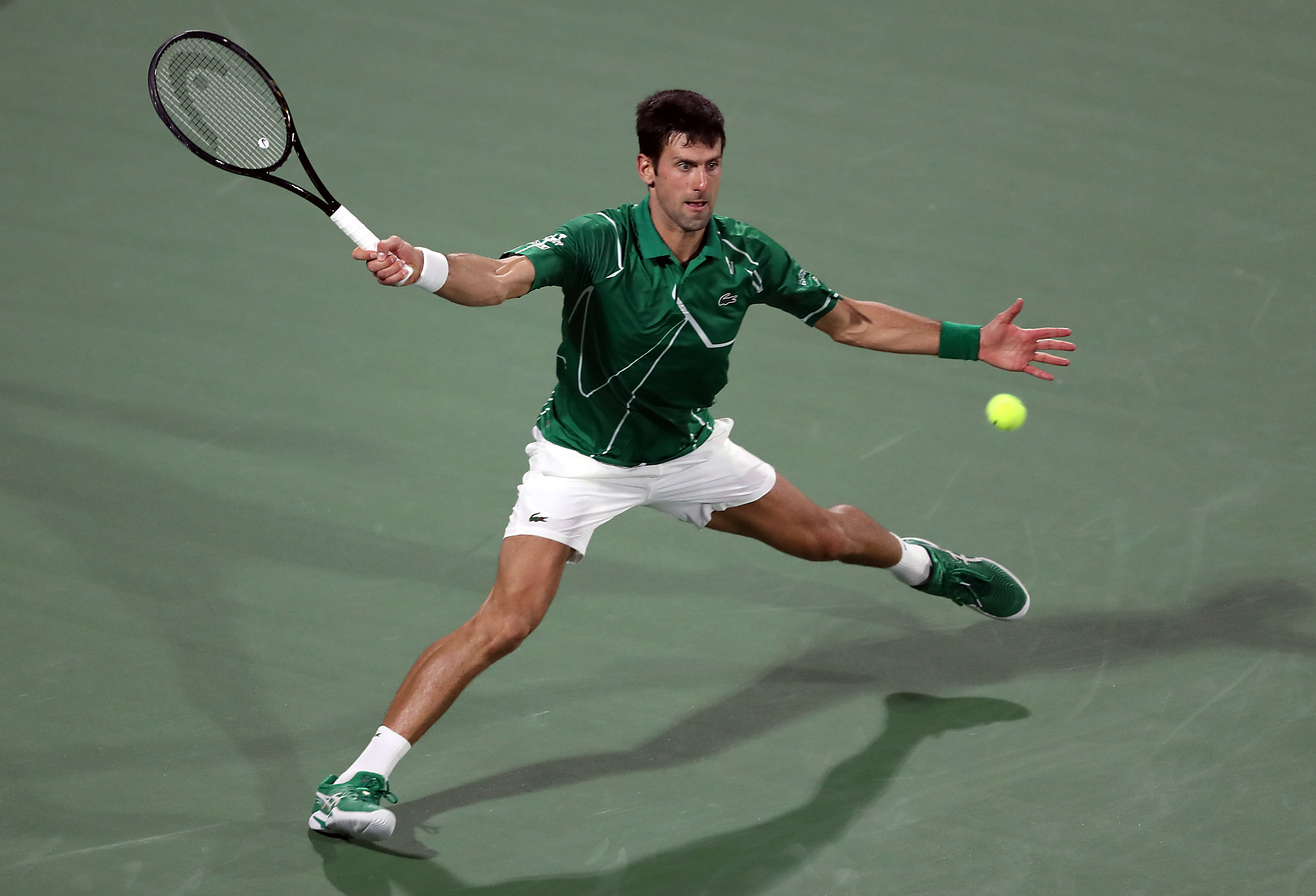 epa08256510 Novak Djokovic of Serbia in action during his semifinal match against Gael Monfils of France at the Dubai Duty Free Tennis ATP Championships 2020 in Dubai, United Arab Emirates, 28 February 2020.  EPA-EFE/ALI HAIDER