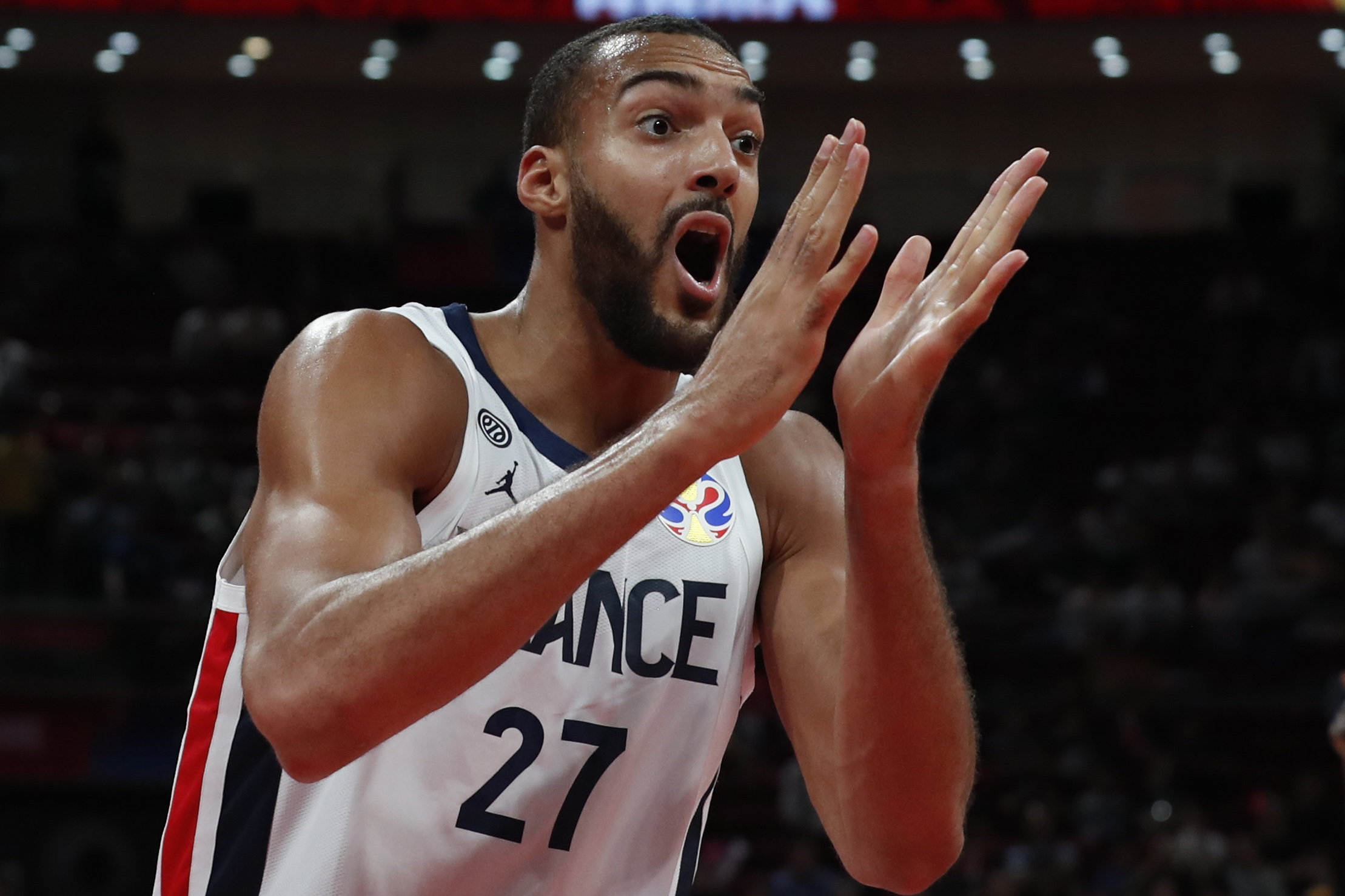epa07843829 Rudy Gobert of France reacts during the FIBA Basketball World Cup 2019 Third Place match between France and Australia in Beijing, China, 15 September 2019.  EPA-EFE/ROMAN PILIPEY