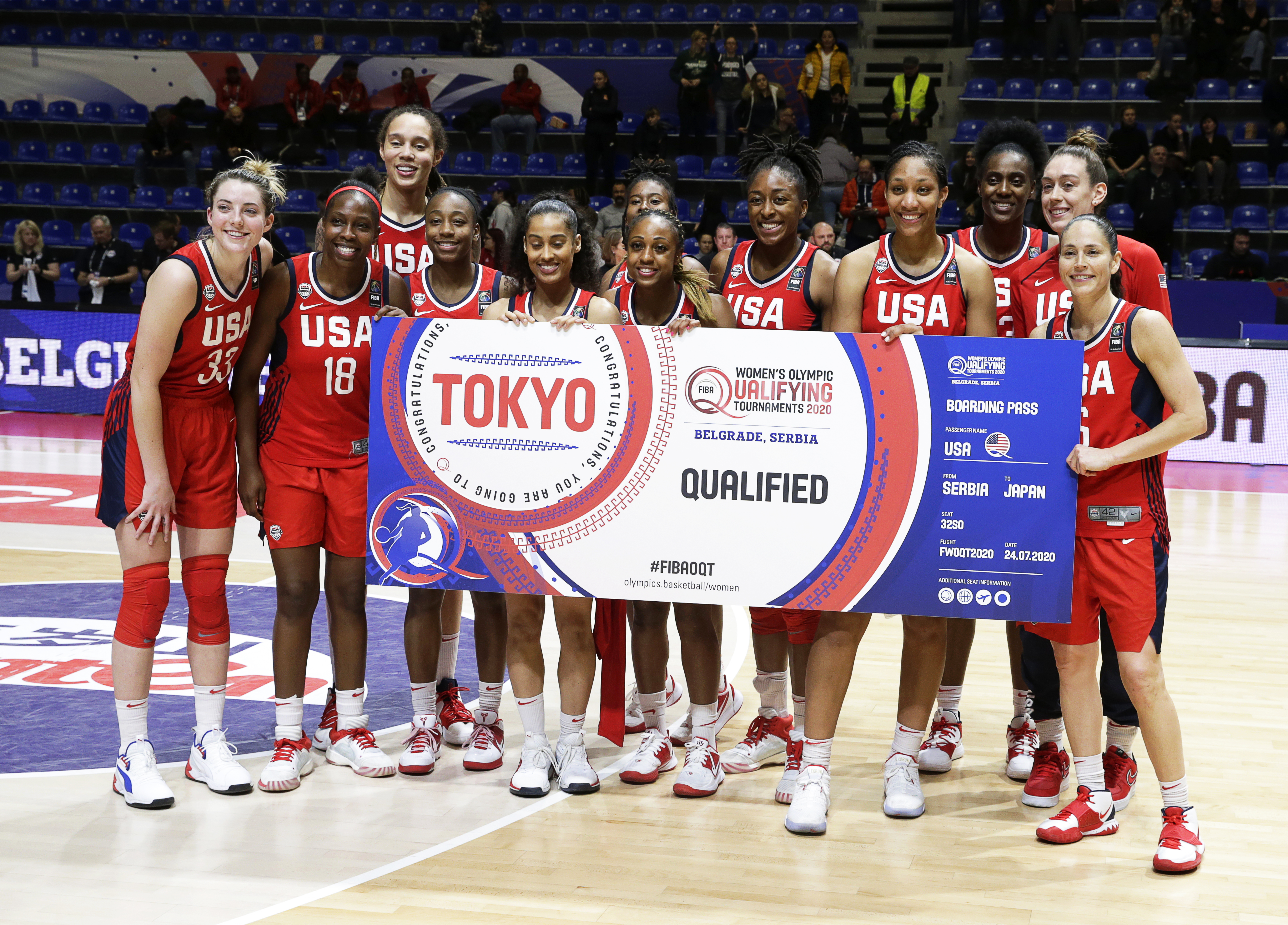 epa08206642 Players of the USA celebrate after the Women's Olympic Qualifying Tournament basketball game between Nigeria and the USA in Belgrade, Serbia, 09 February 2020.  EPA-EFE/ANDREJ CUKIC