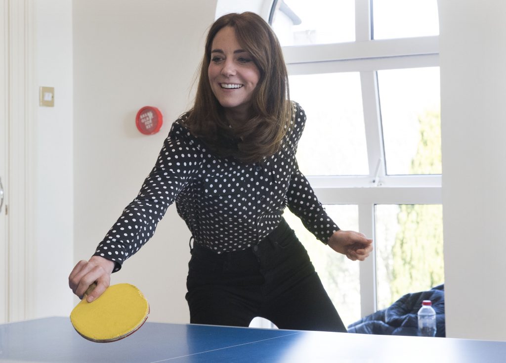 epa08269436 Catherine, the Duchess of Cambridge playing table tennis at Savannah House, a residential facility run by social justice charity Extern, in County Kildare on day two of the Royal Visit to Ireland, 04 March 2020.  EPA-EFE/STEPHEN LOCK / POOL