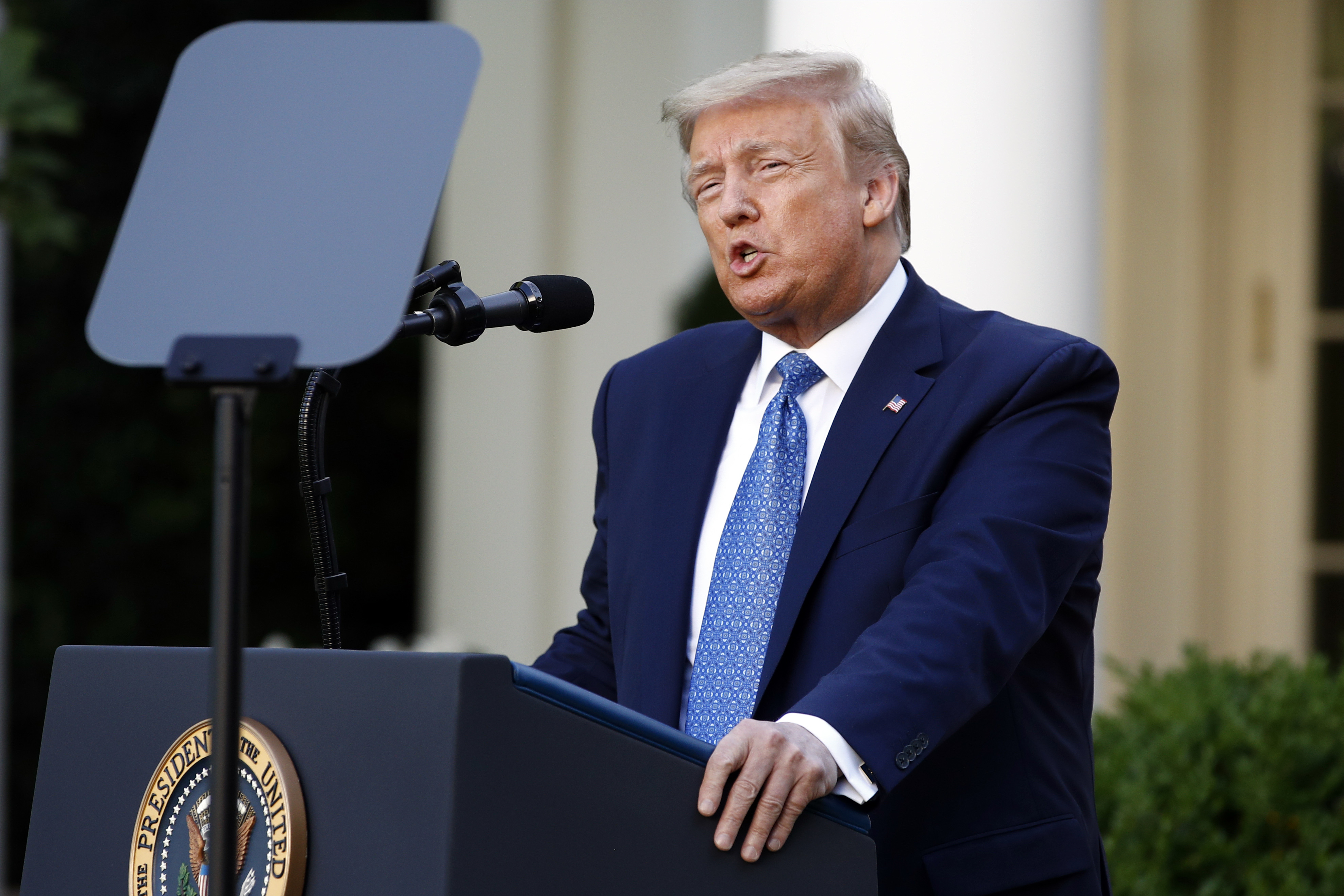 President Donald Trump speaks in the Rose Garden of the White House, Monday, June 1, 2020, in Washington. (AP Photo/Patrick Semansky)