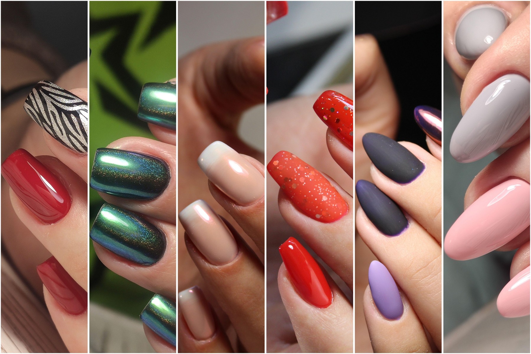 A collage of colorful summer manicure on female hand with flowers.