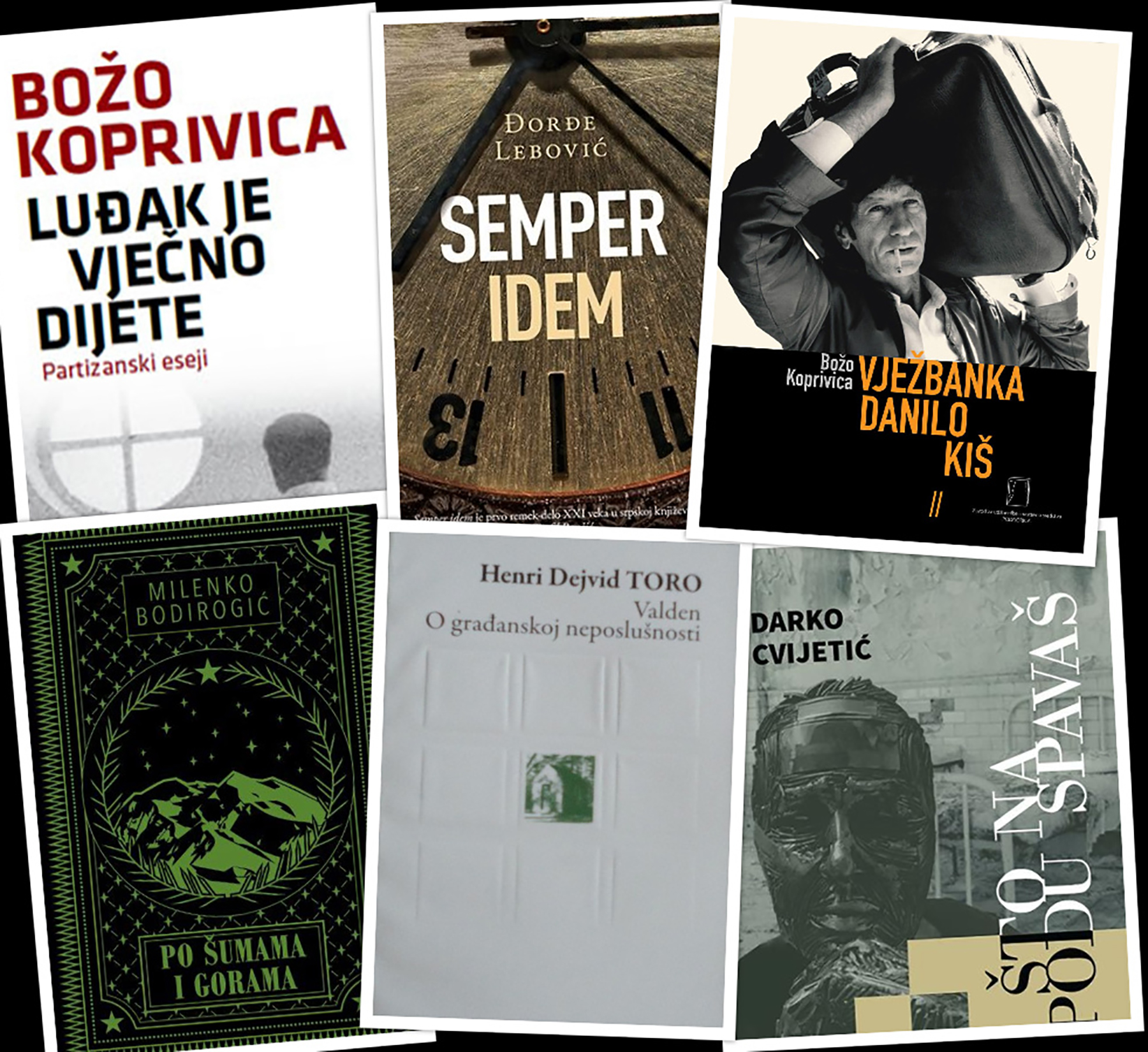 Knjige Darko Cvijetić - Što na podu spavaš
Đorđe Lebović - Semper idem
Milenko Bodirogić - Po šumama i gorama
Henri Dejvid Toro - Valden
Božo Koprivica - Vježbanka Danilo Kiš
Božo Koprivica - Luđak vječito dere