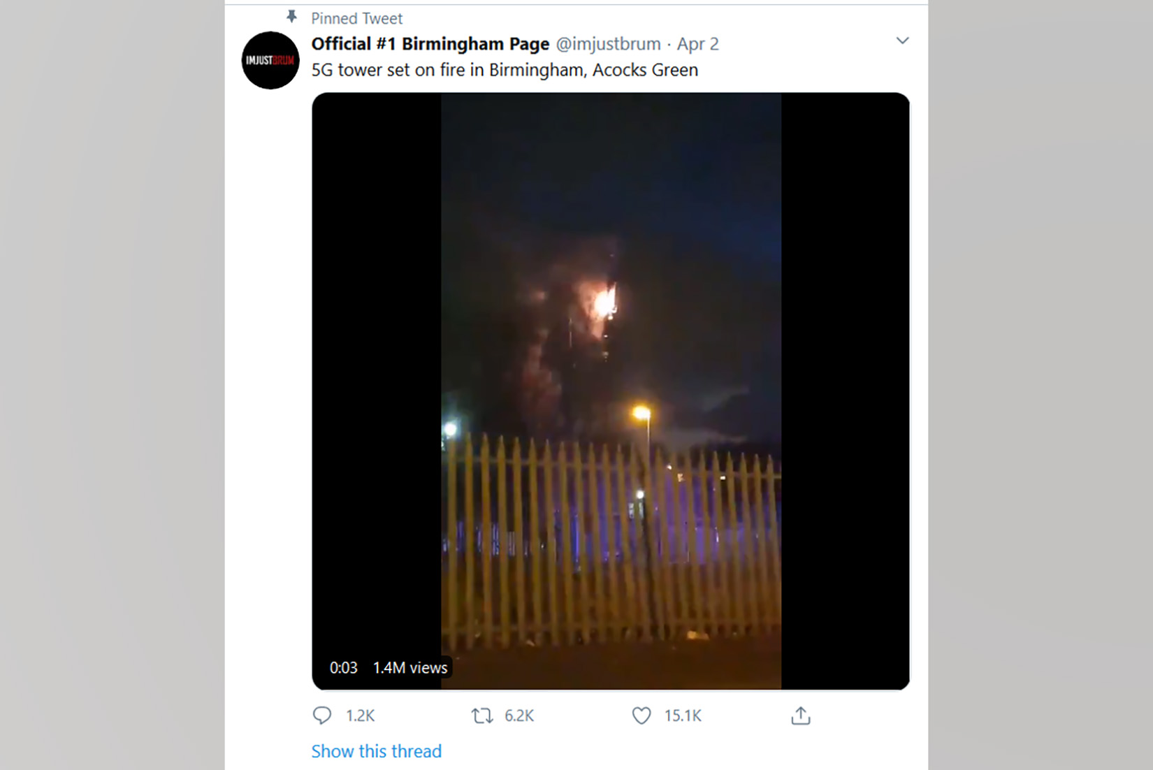 Gori, 5G toranj, Engleska, požar Foto: Printscreen/Twitter/Official #1 Birmingham Page/@imjustbrum