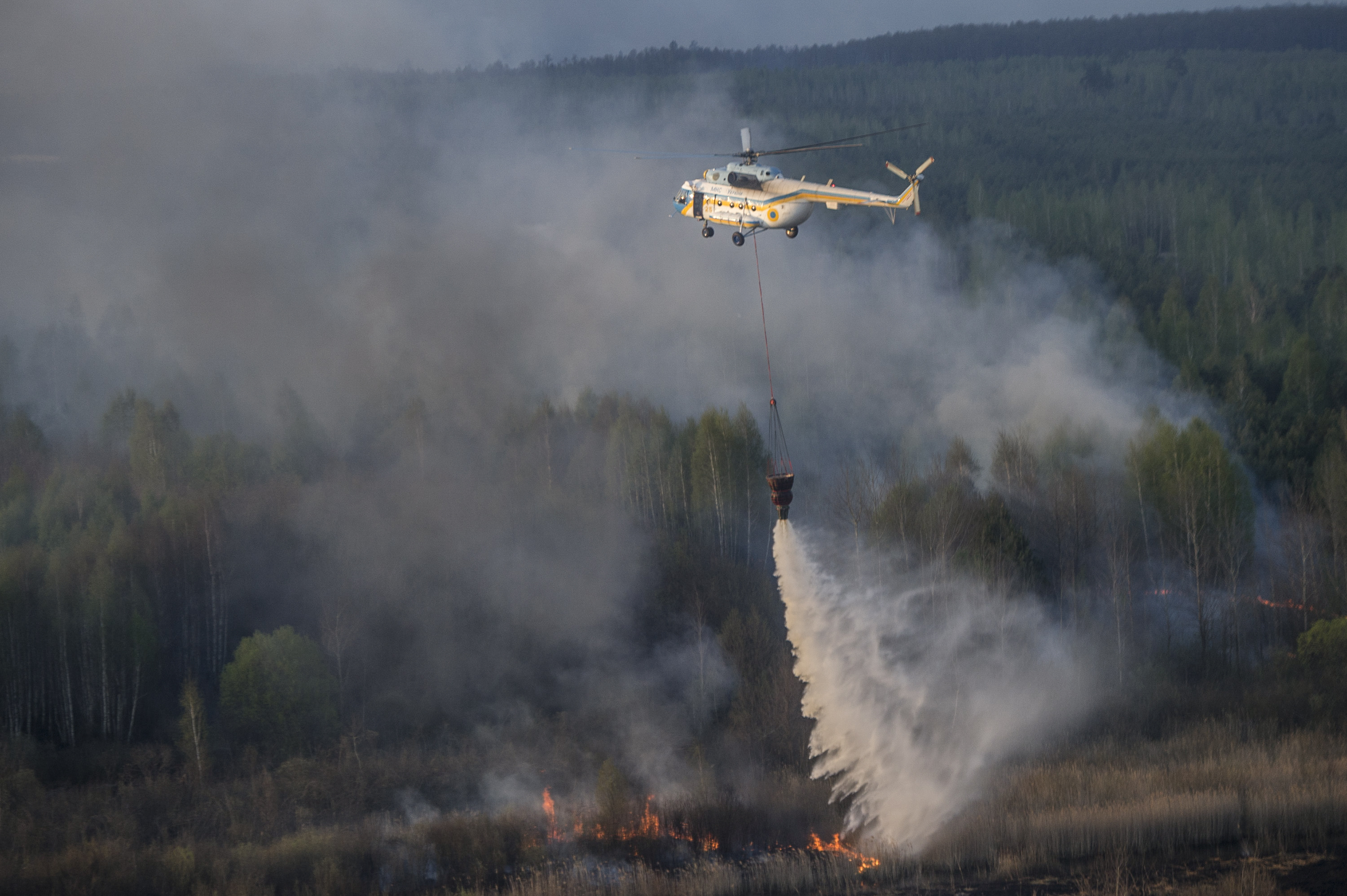 Forest fire in the Chernobyl Exclusion Zone in Ukraine