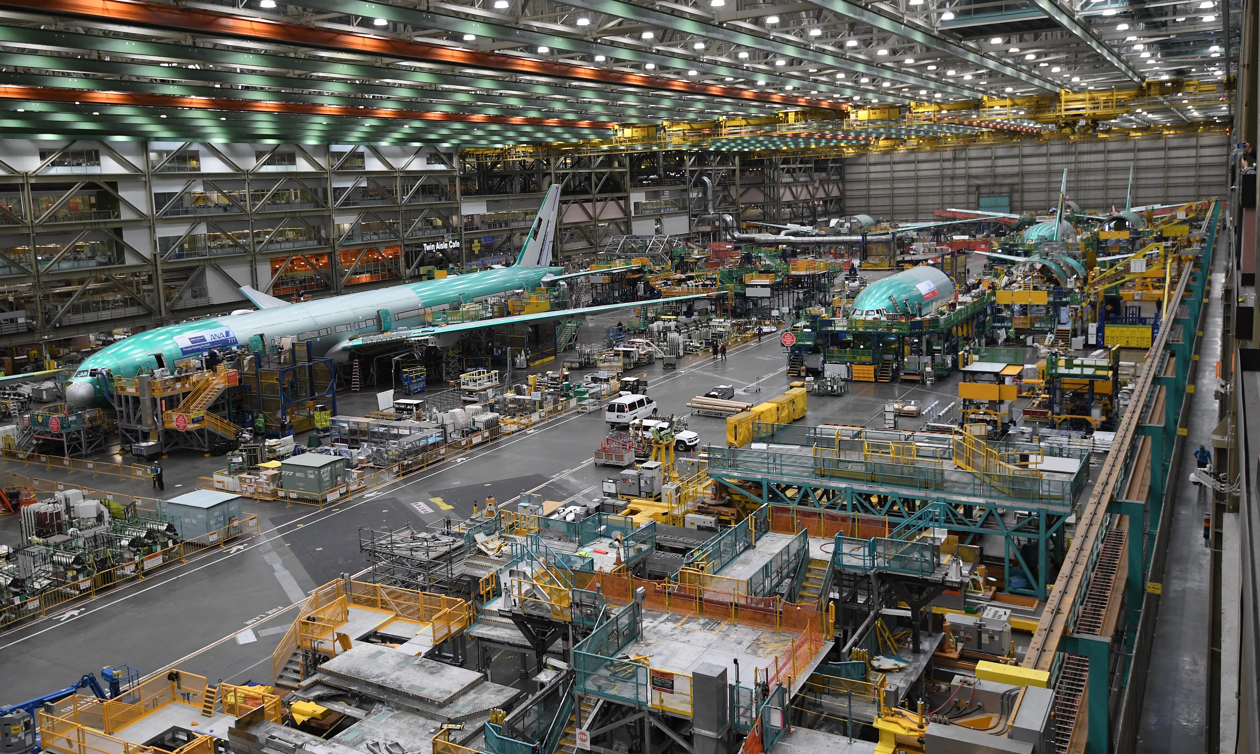 epa07987626 The production line of Boeing's Everett factory in Seattle, Washington, USA, 06 November 2019.  EPA-EFE/YONHAP / POOL SOUTH KOREA OUT